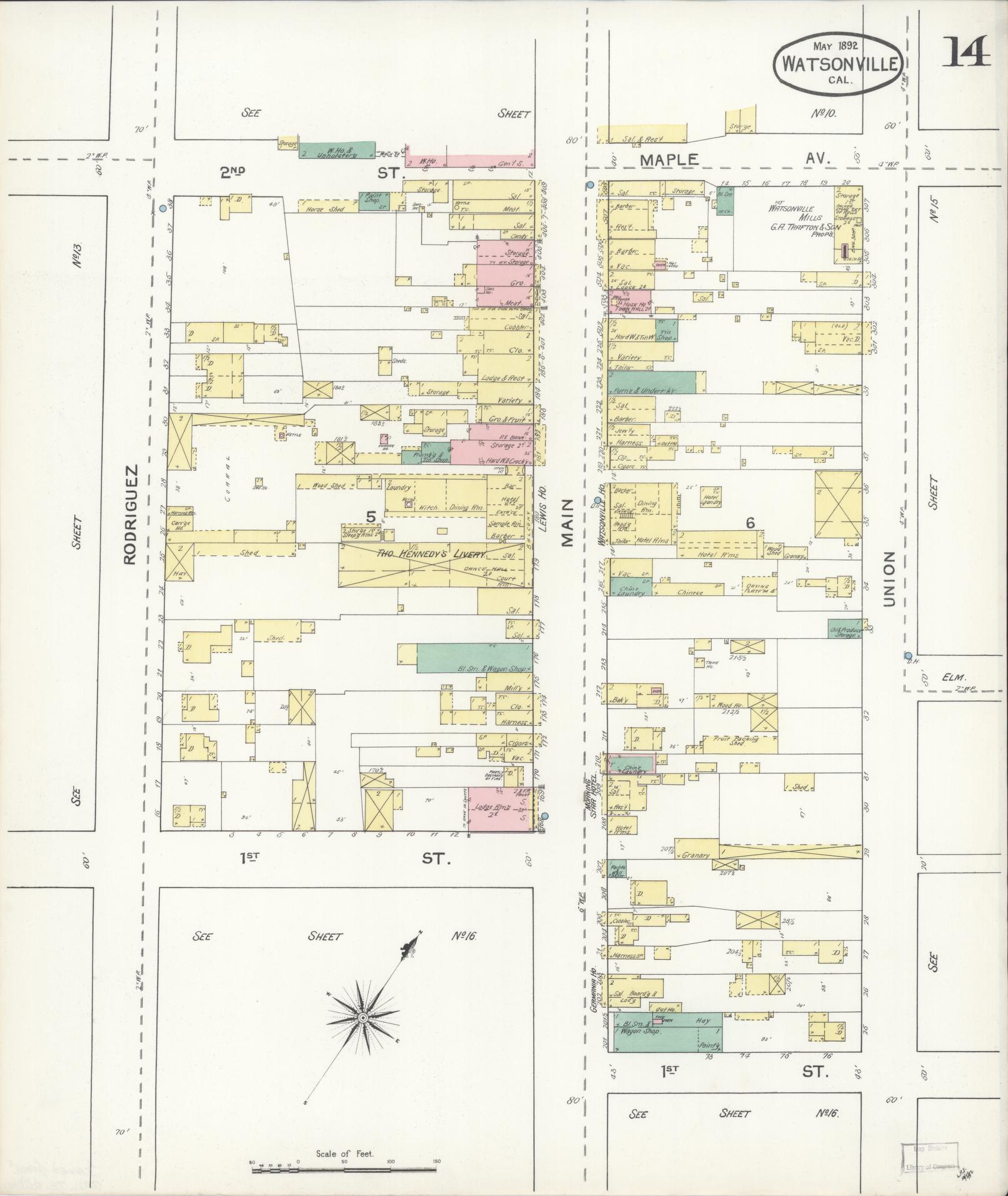 Sanborn Fire Insurance Map from Watsonville, Santa Cruz County, California (1892), Sheet #0014 - Complete Map Set gallery image, historic Sanborn map, vintage wall art, California California