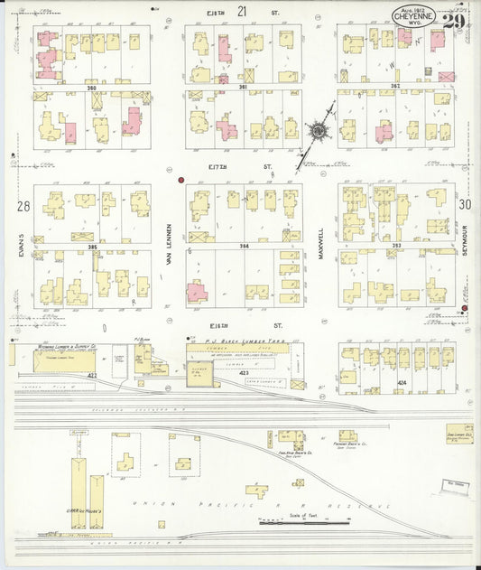 Sanborn Fire Insurance Map from Cheyenne, Laramie County, Wyoming (1912), Sheet #0029 - Historic Sanborn Fire Insurance Map Print, vintage old map wall art, antique decor, genealogy gift, Wyoming Wyoming map