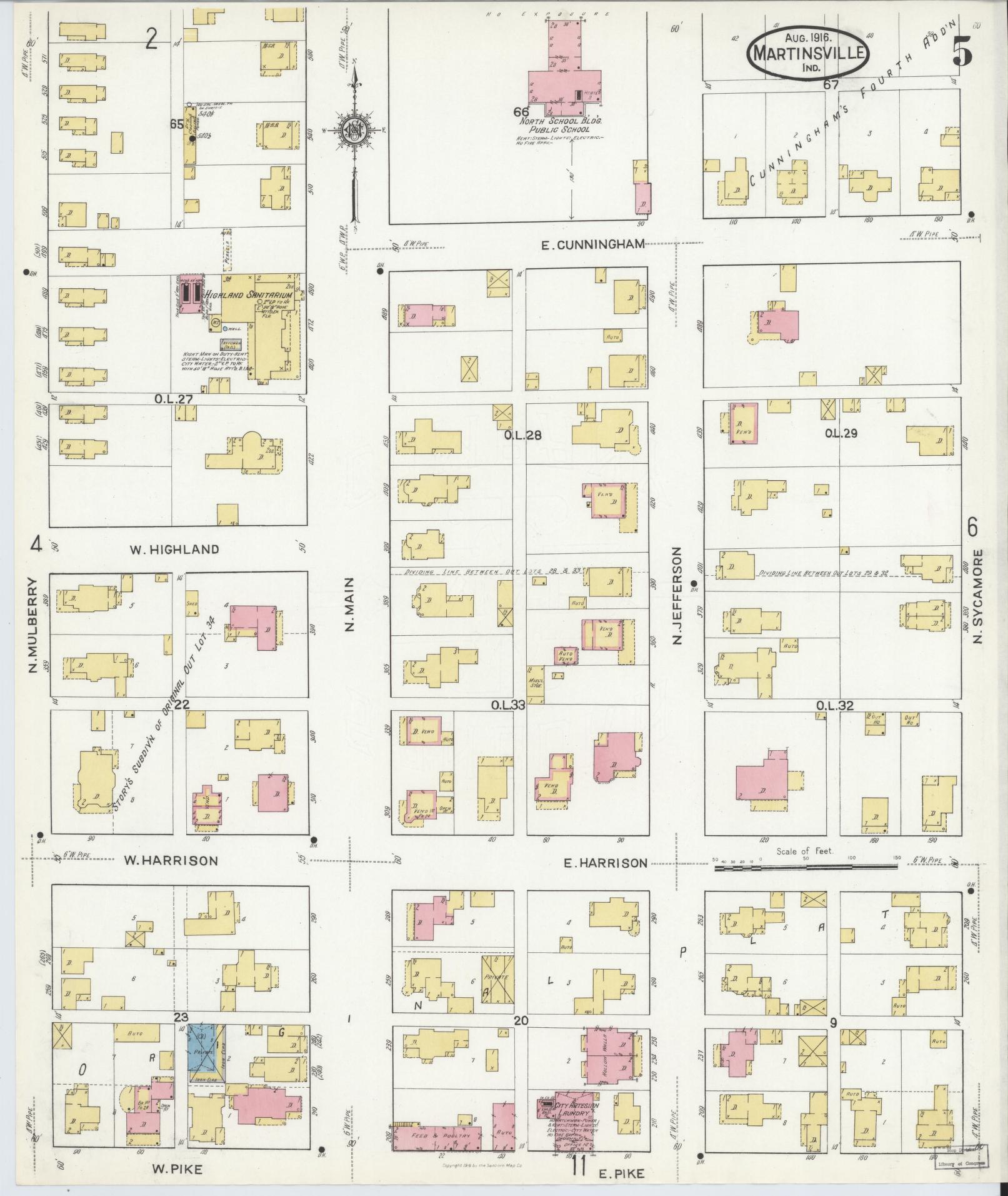 Sanborn Fire Insurance Map from Martinsville, Morgan County, Indiana (1916), Sheet #0005 - Historic Sanborn Fire Insurance Map Print, vintage old map wall art, antique decor, genealogy gift, Indiana Indiana map