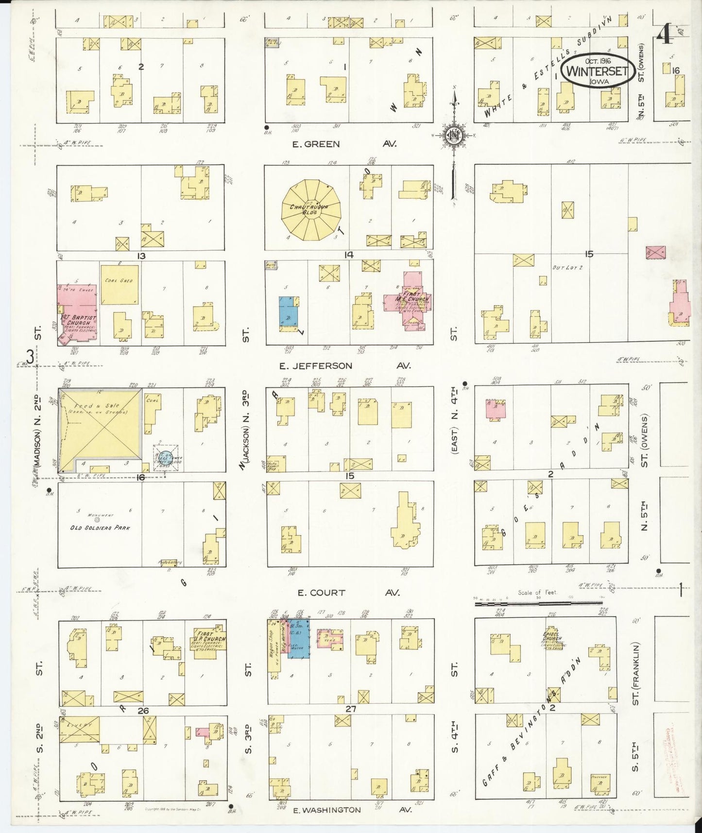 Sanborn Fire Insurance Map from Winterset, Madison County, Iowa (1916), Sheet #0004 - Historic Sanborn Fire Insurance Map Print, vintage old map wall art