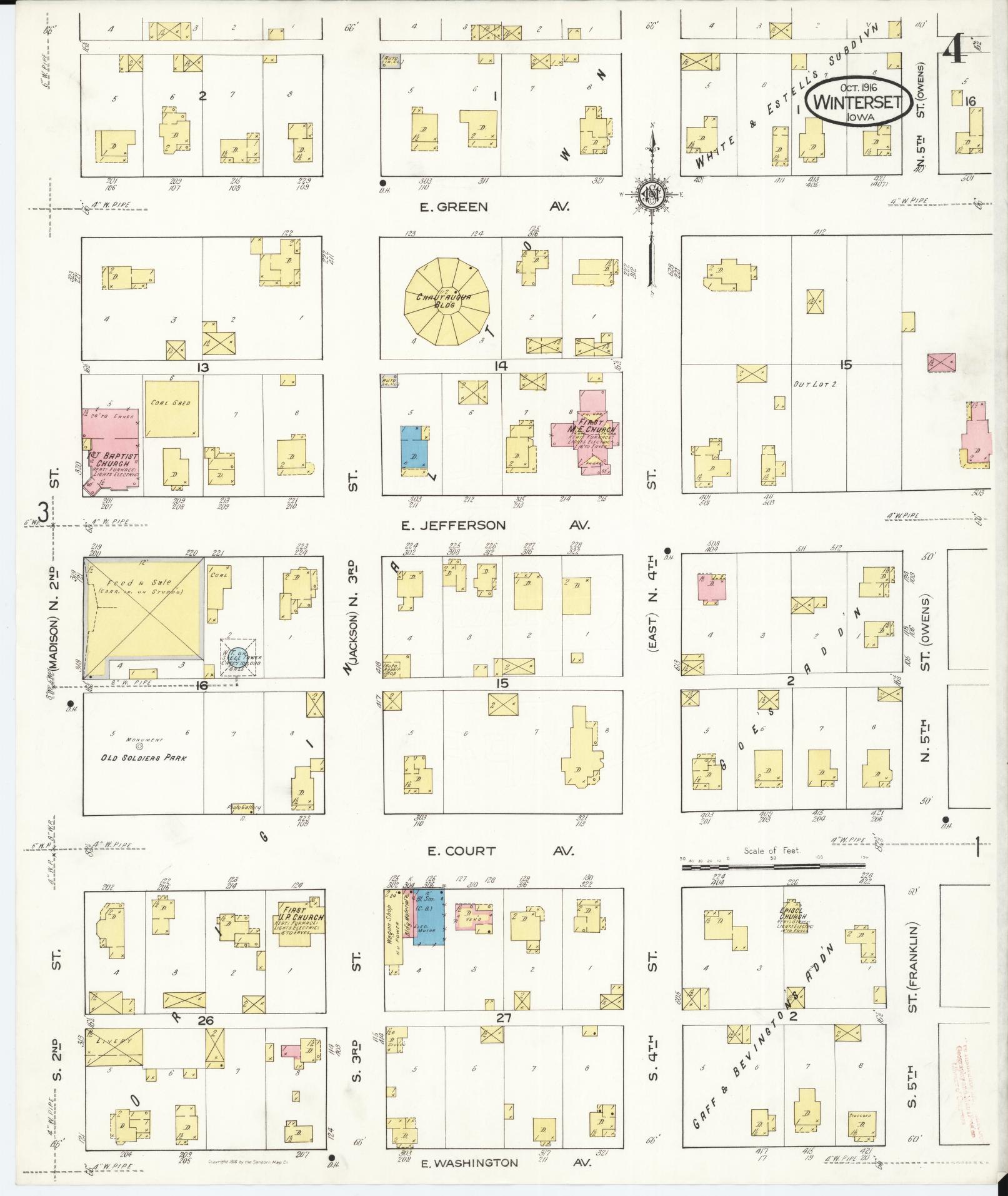 Sanborn Fire Insurance Map from Winterset, Madison County, Iowa (1916), Sheet #0004 - Historic Sanborn Fire Insurance Map Print, vintage old map wall art