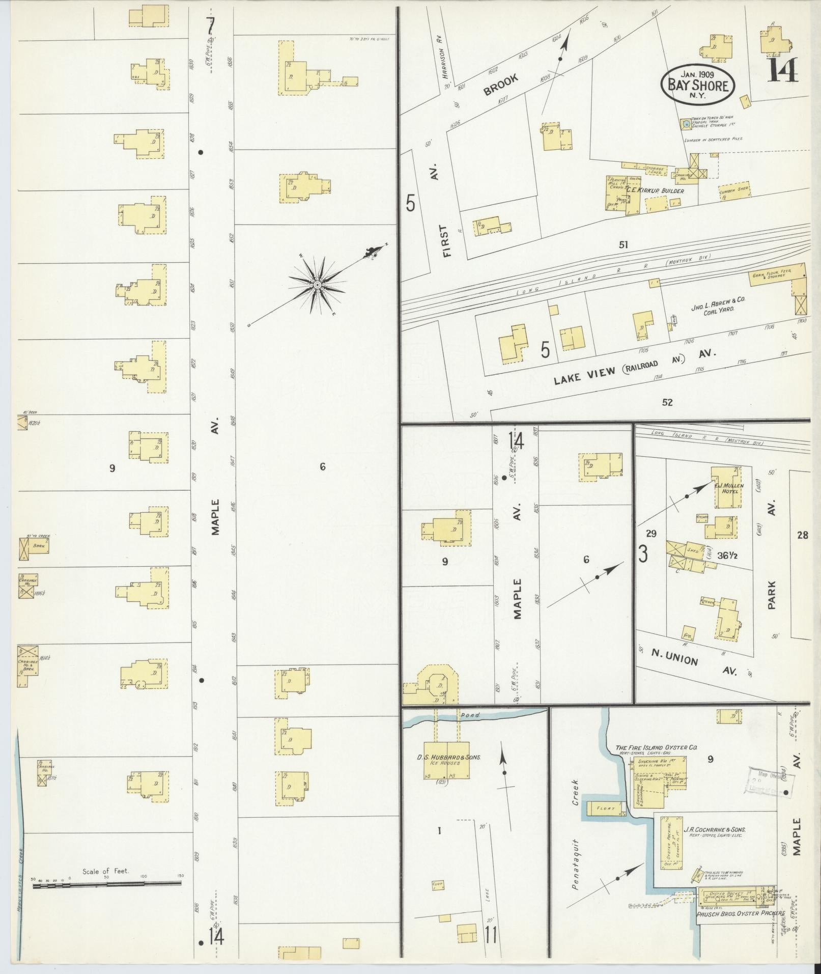 Sanborn Fire Insurance Map from Bay Shore, Suffolk County, New York (1909), Sheet #0014 - Historic Sanborn Fire Insurance Map Print, vintage old map wall art, antique decor, genealogy gift, New York New York map