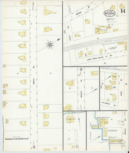 Sanborn Fire Insurance Map from Bay Shore, Suffolk County, New York (1909), Sheet #0014 - Historic Sanborn Fire Insurance Map Print, vintage old map wall art, antique decor, genealogy gift, New York New York map