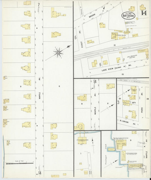 Sanborn Fire Insurance Map from Bay Shore, Suffolk County, New York (1909), Sheet #0014 - Historic Sanborn Fire Insurance Map Print, vintage old map wall art, antique decor, genealogy gift, New York New York map