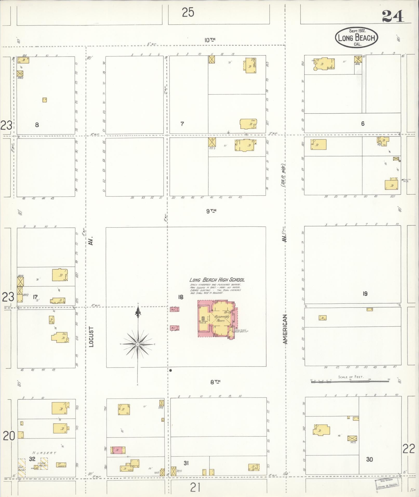 Sanborn Fire Insurance Map from Long Beach, Los Angeles County, California (1902), Sheet #0024 - Historic Sanborn Fire Insurance Map Print, vintage old map wall art, antique decor, genealogy gift, California California map