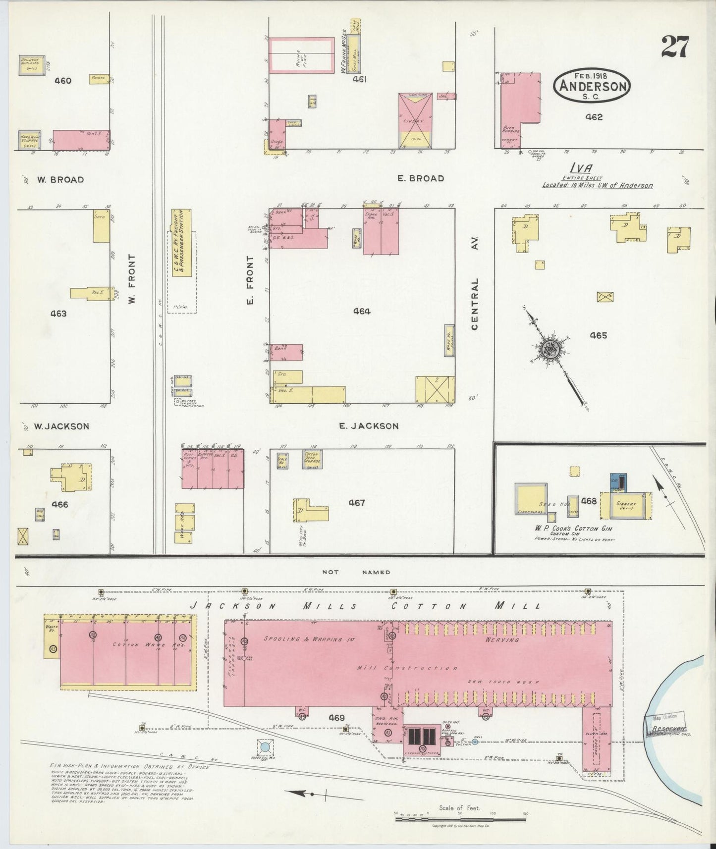Sanborn Fire Insurance Map from Anderson, Anderson County, South Carolina (1918), Sheet #0027 - Complete Map Set gallery image, historic Sanborn map, vintage wall art, South Carolina South Carolina