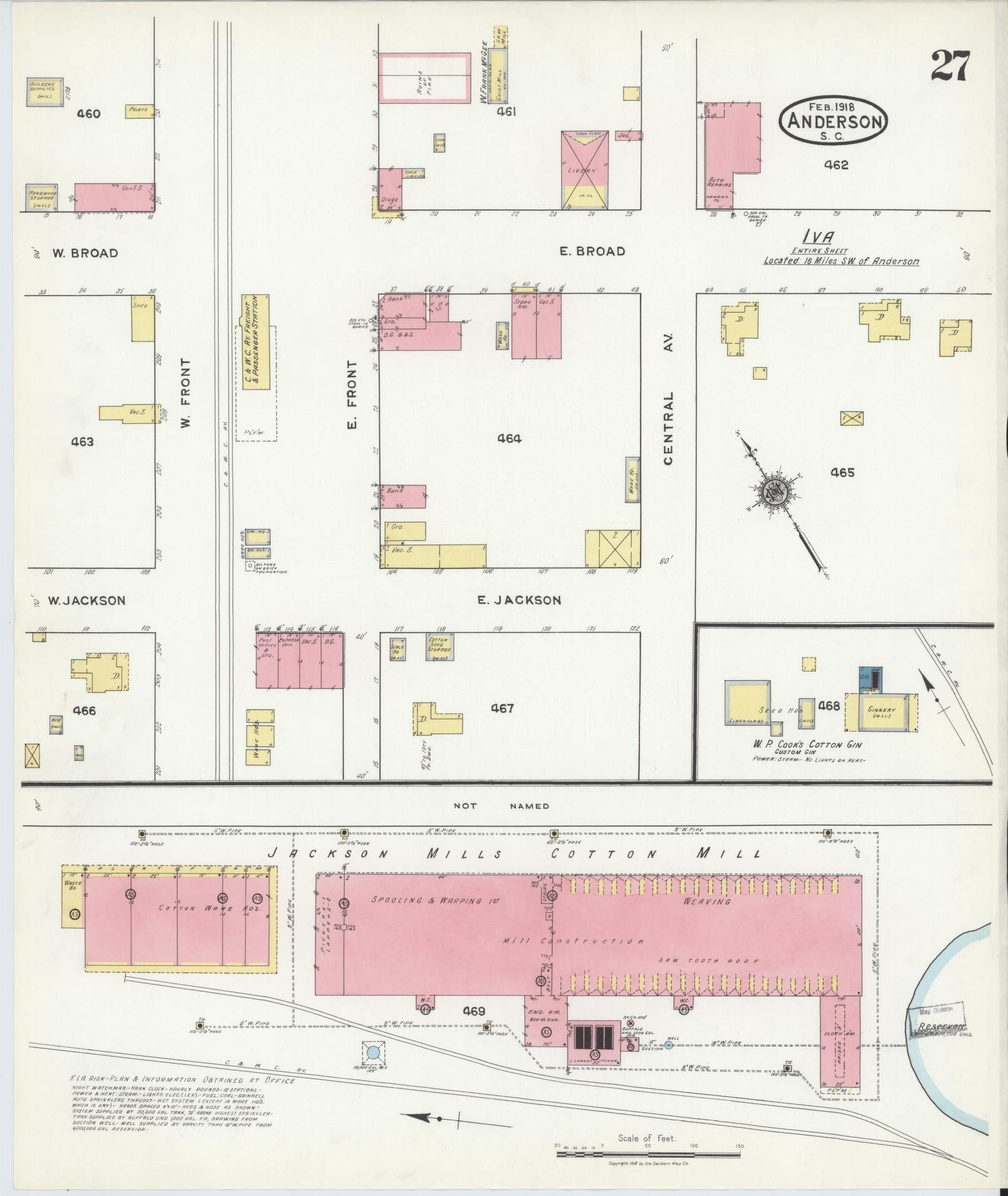 Sanborn Fire Insurance Map from Anderson, Anderson County, South Carolina (1918), Sheet #0027 - Complete Map Set gallery image, historic Sanborn map, vintage wall art, South Carolina South Carolina