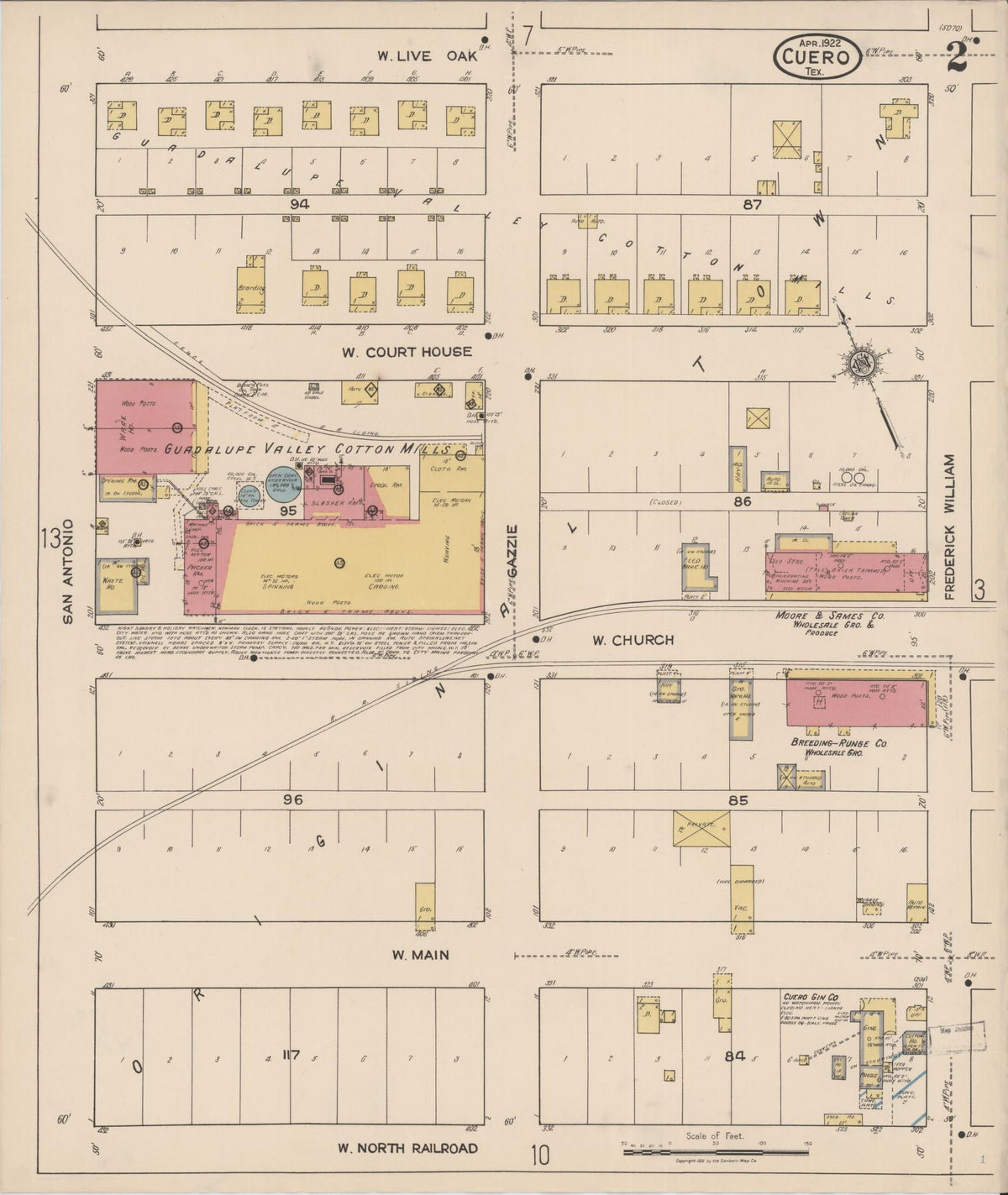 Sanborn Fire Insurance Map from Cuero, De Witt County, Texas (1922), Sheet #0002 - Complete Map Set gallery image, historic Sanborn map, vintage wall art, Texas Texas