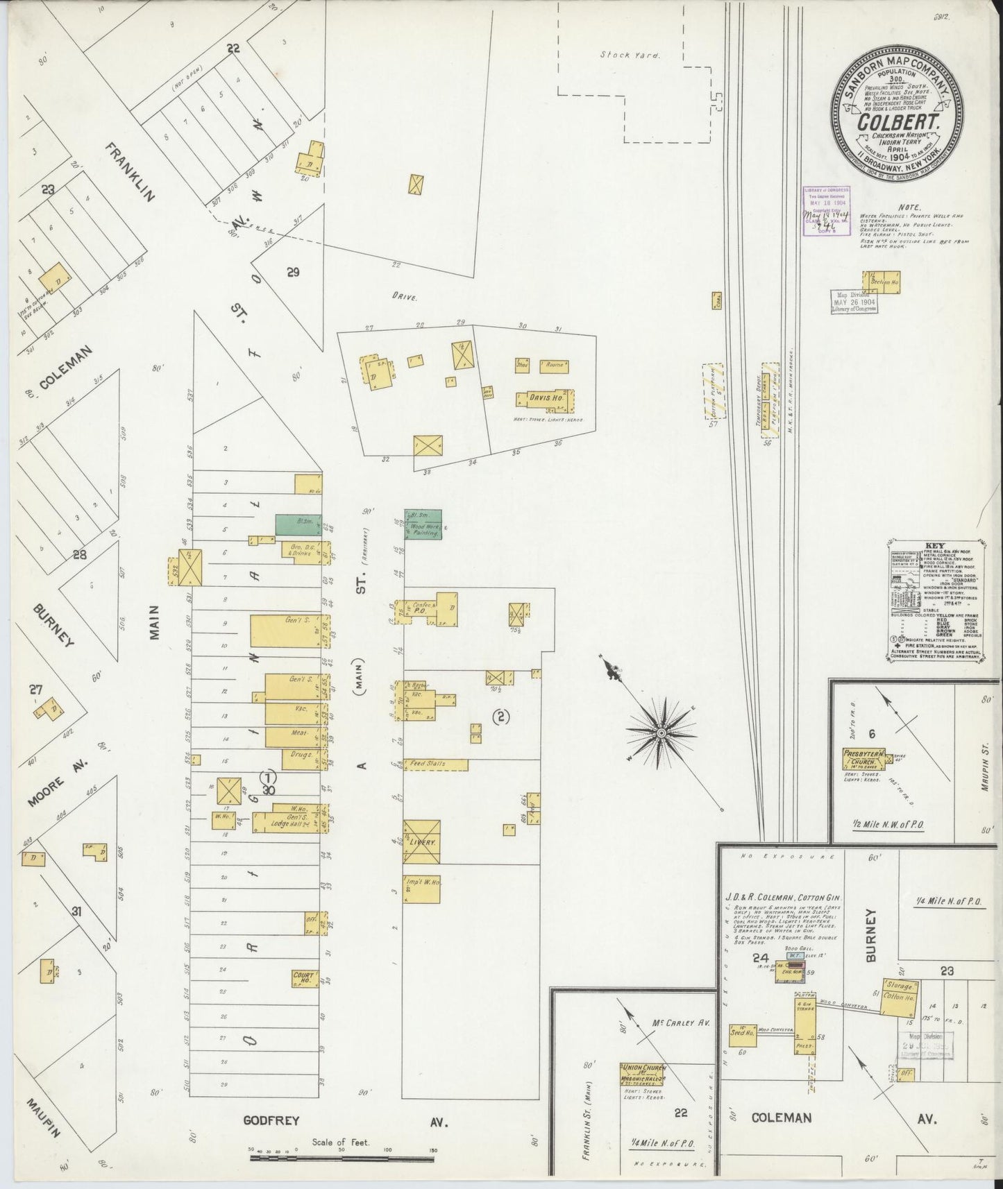Sanborn Fire Insurance Map from Colbert, Bryan County, Oklahoma (1904), Sheet #0001 - Historic Sanborn Fire Insurance Map Print, vintage old map wall art, antique decor, genealogy gift, Oklahoma Oklahoma map