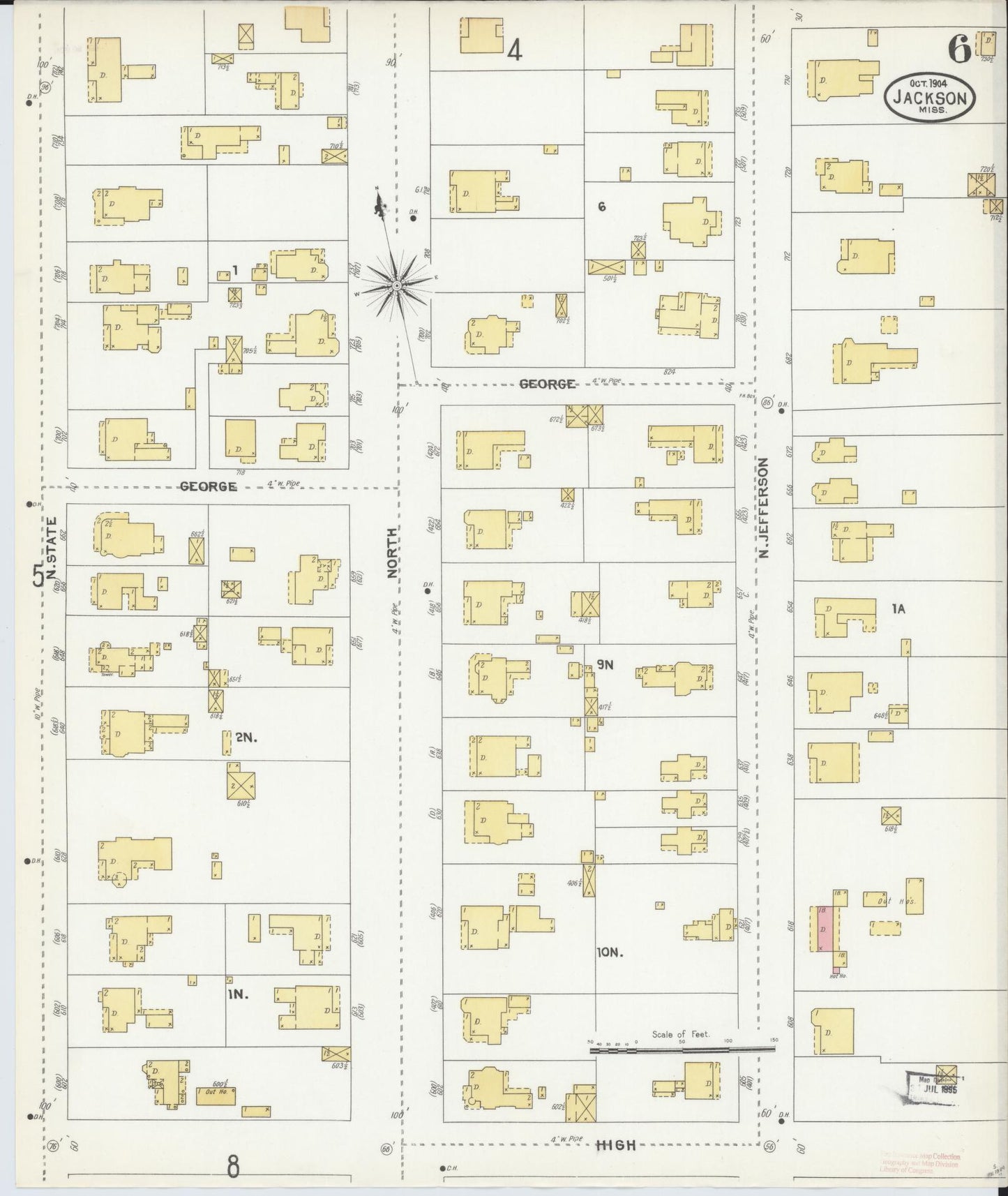 Sanborn Fire Insurance Map from Jackson, Hinds County, Mississippi (1904), Sheet #0006 - Complete Map Set gallery image, historic Sanborn map, vintage wall art, Mississippi Mississippi