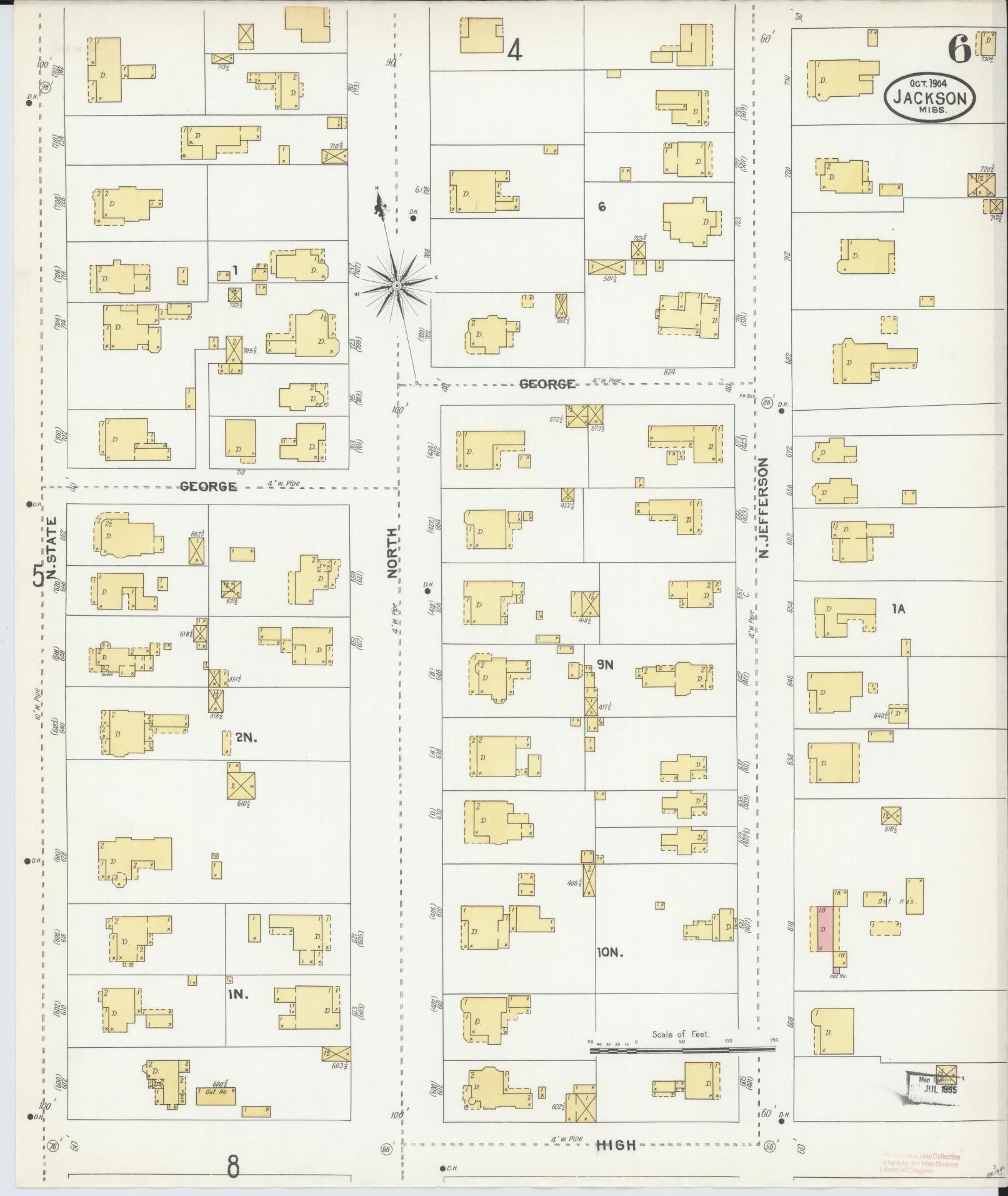 Sanborn Fire Insurance Map from Jackson, Hinds County, Mississippi (1904), Sheet #0006 - Complete Map Set gallery image, historic Sanborn map, vintage wall art, Mississippi Mississippi