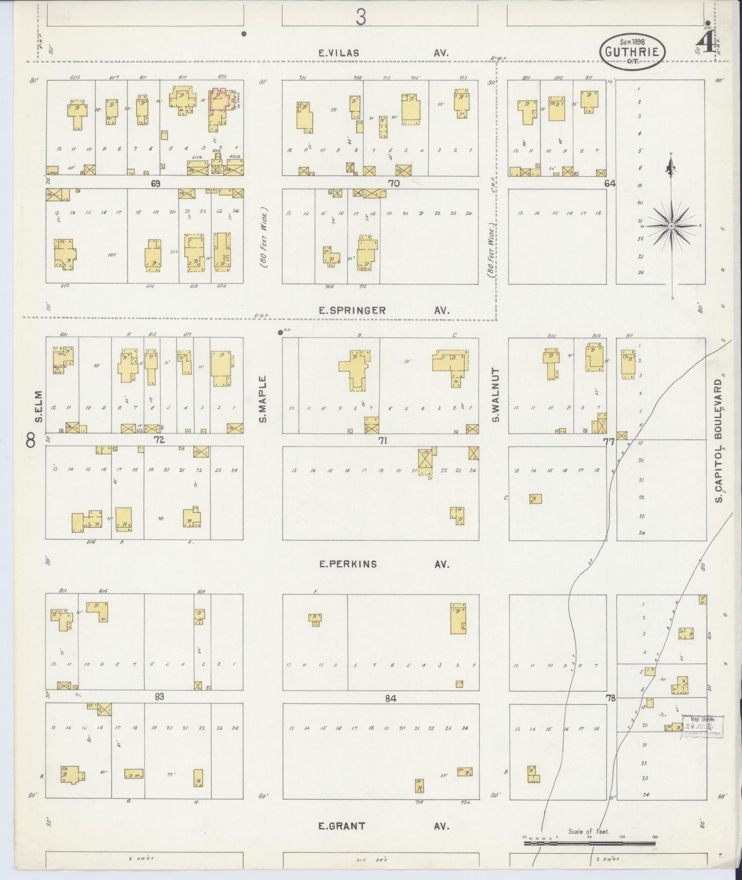 Sanborn Fire Insurance Map from Guthrie, Logan County, Oklahoma (1898), Sheet #0004 - Complete Map Set gallery image, historic Sanborn map, vintage wall art, Oklahoma Oklahoma