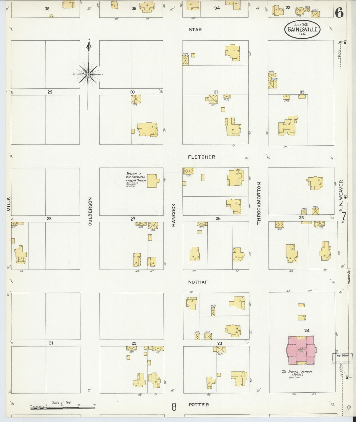 Sanborn Fire Insurance Map from Gainesville, Cooke County, Texas (1908), Sheet #0006 - Complete Map Set gallery image, historic Sanborn map, vintage wall art, Texas Texas