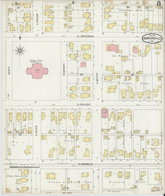 Sanborn Fire Insurance Map from Crawfordsville, Montgomery County, Indiana (1896), Sheet #0008 - Historic Sanborn Fire Insurance Map Print, vintage old map wall art, antique decor, genealogy gift, Indiana Indiana map