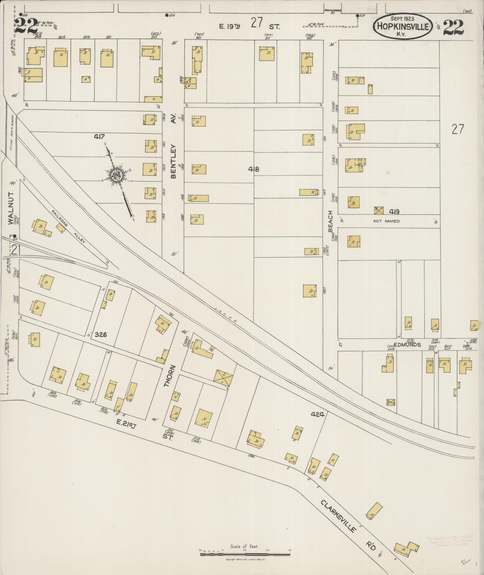 Sanborn Fire Insurance Map from Hopkinsville, Christian County, Kentucky (1923), Sheet #0022 - Historic Sanborn Fire Insurance Map Print, vintage old map wall art, antique decor, genealogy gift, Kentucky Kentucky map