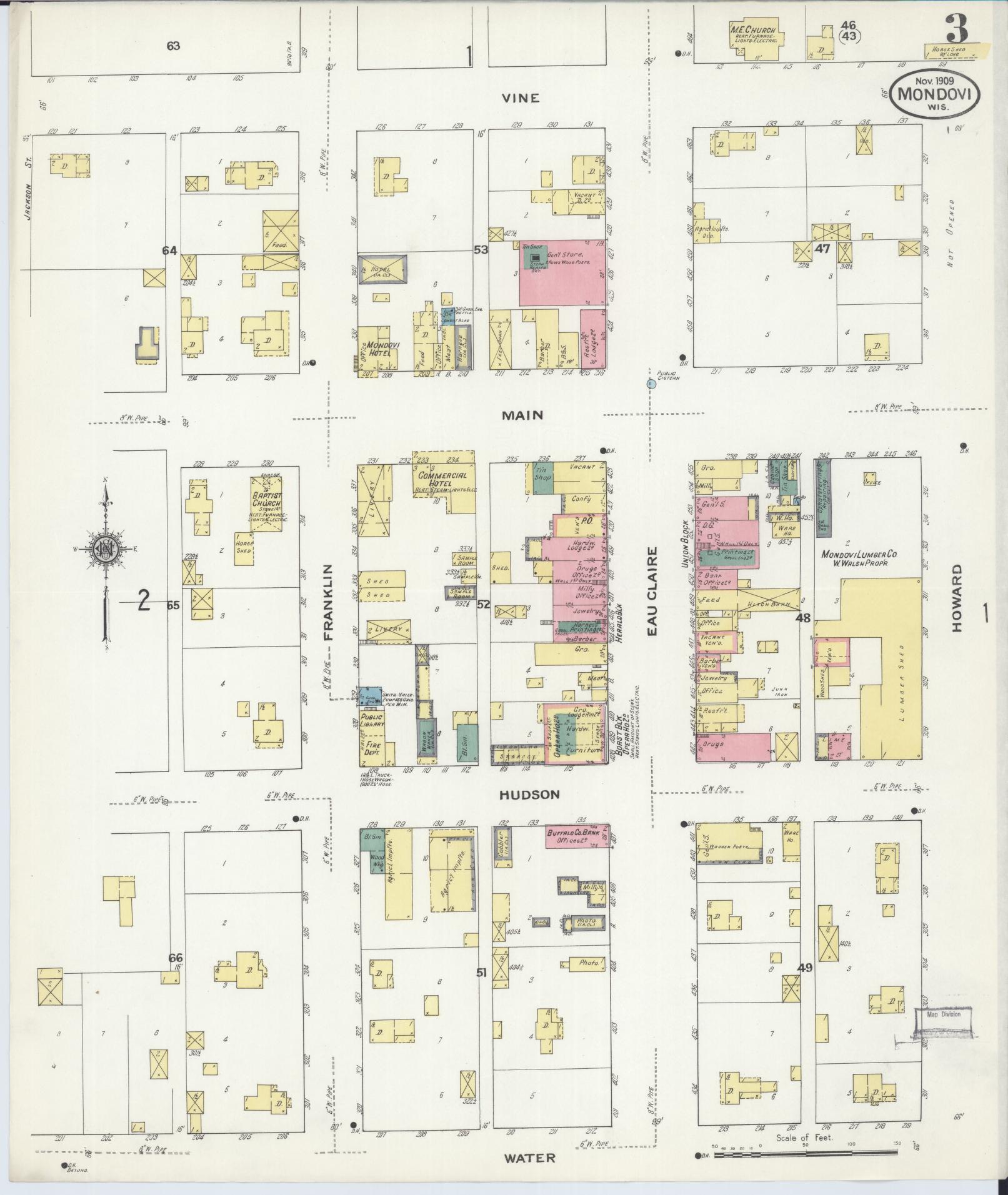 Sanborn Fire Insurance Map from Mondovi, Buffalo County, Wisconsin (1909), Sheet #0003 - Historic Sanborn Fire Insurance Map Print, vintage old map wall art, antique decor, genealogy gift, Wisconsin Wisconsin map
