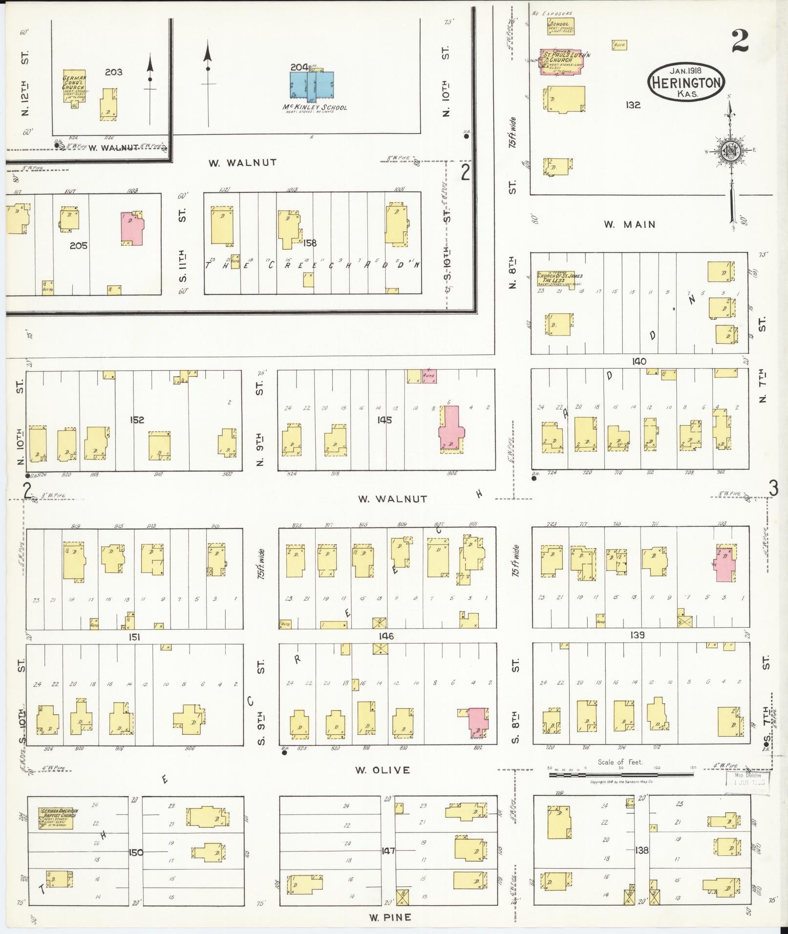 Sanborn Fire Insurance Map from Herington, Dickinson County, Kansas (1918), Sheet #0002 - Historic Sanborn Fire Insurance Map Print, vintage old map wall art, antique decor, genealogy gift, Kansas Kansas map