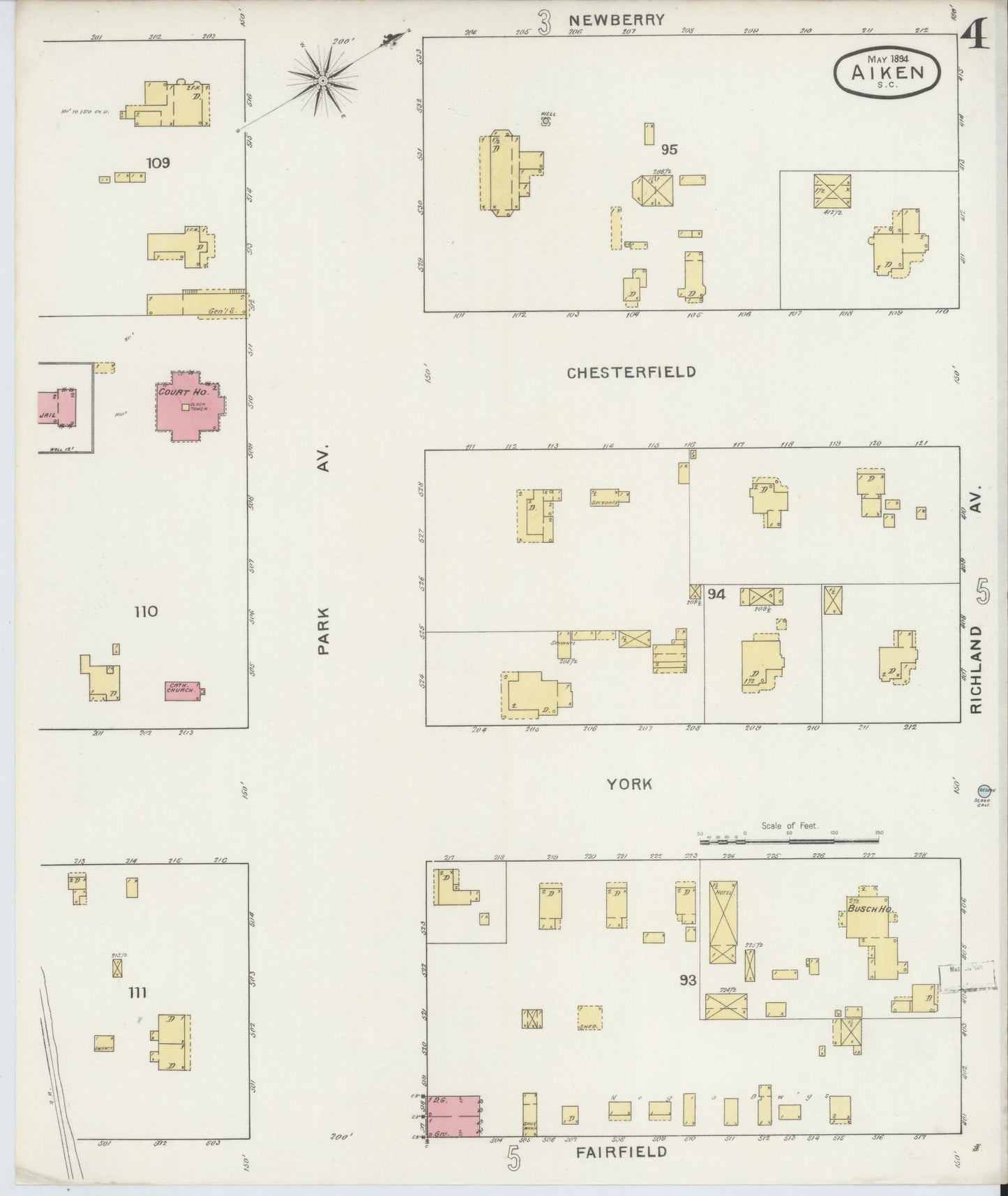 Sanborn Fire Insurance Map from Aiken, Aiken County, South Carolina (1894), Sheet #0004 - Complete Map Set gallery image, historic Sanborn map, vintage wall art, South Carolina South Carolina