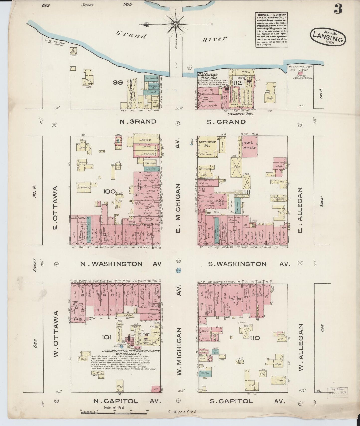 Sanborn Fire Insurance Map from Lansing, Ingham County, Michigan (1885), Sheet #0003 - Historic Sanborn Fire Insurance Map Print, vintage old map wall art, antique decor, genealogy gift, Michigan Michigan map