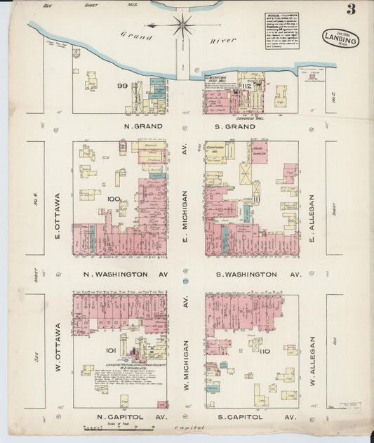Sanborn Fire Insurance Map from Lansing, Ingham County, Michigan (1885), Sheet #0003 - Historic Sanborn Fire Insurance Map Print, vintage old map wall art, antique decor, genealogy gift, Michigan Michigan map
