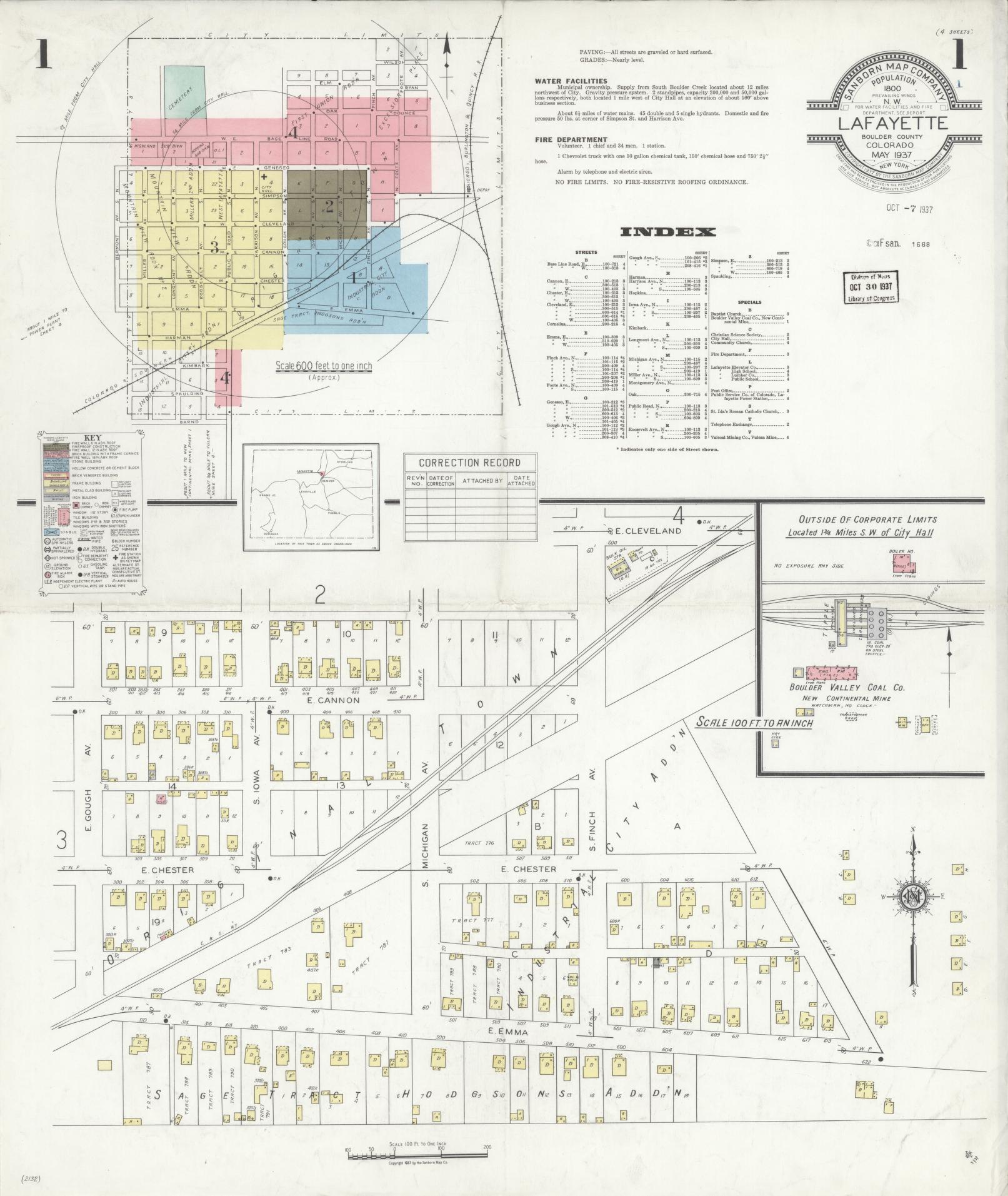Sanborn Fire Insurance Map from Lafayette, Boulder County, Colorado (1937), Sheet #0001 - Complete Map Set gallery image, historic Sanborn map, vintage wall art, Colorado Colorado