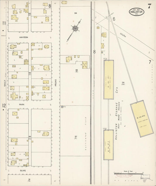 Sanborn Fire Insurance Map from Hollister, San Benito County, California (1910), Sheet #0007 - Historic Sanborn Fire Insurance Map Print, vintage old map wall art, antique decor, genealogy gift, California California map