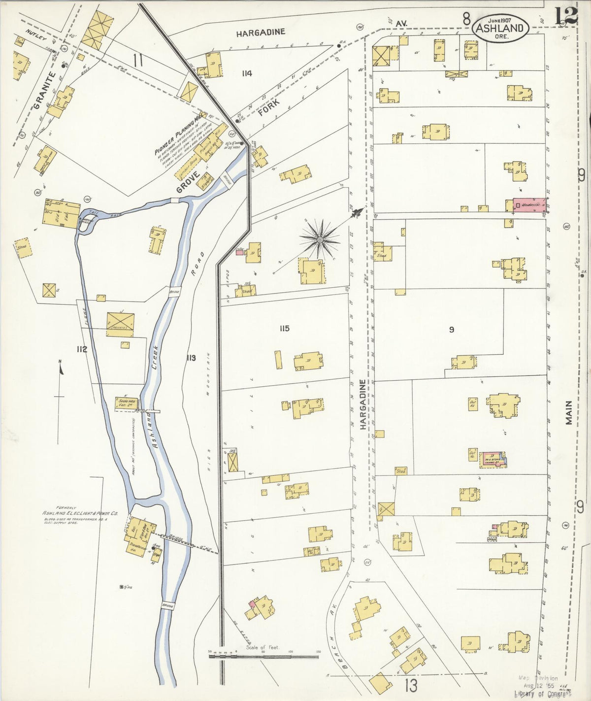 Sanborn Fire Insurance Map from Ashland, Jackson County, Oregon (1907), Sheet #0012 - Historic Sanborn Fire Insurance Map Print, vintage old map wall art, antique decor, genealogy gift, Oregon Oregon map