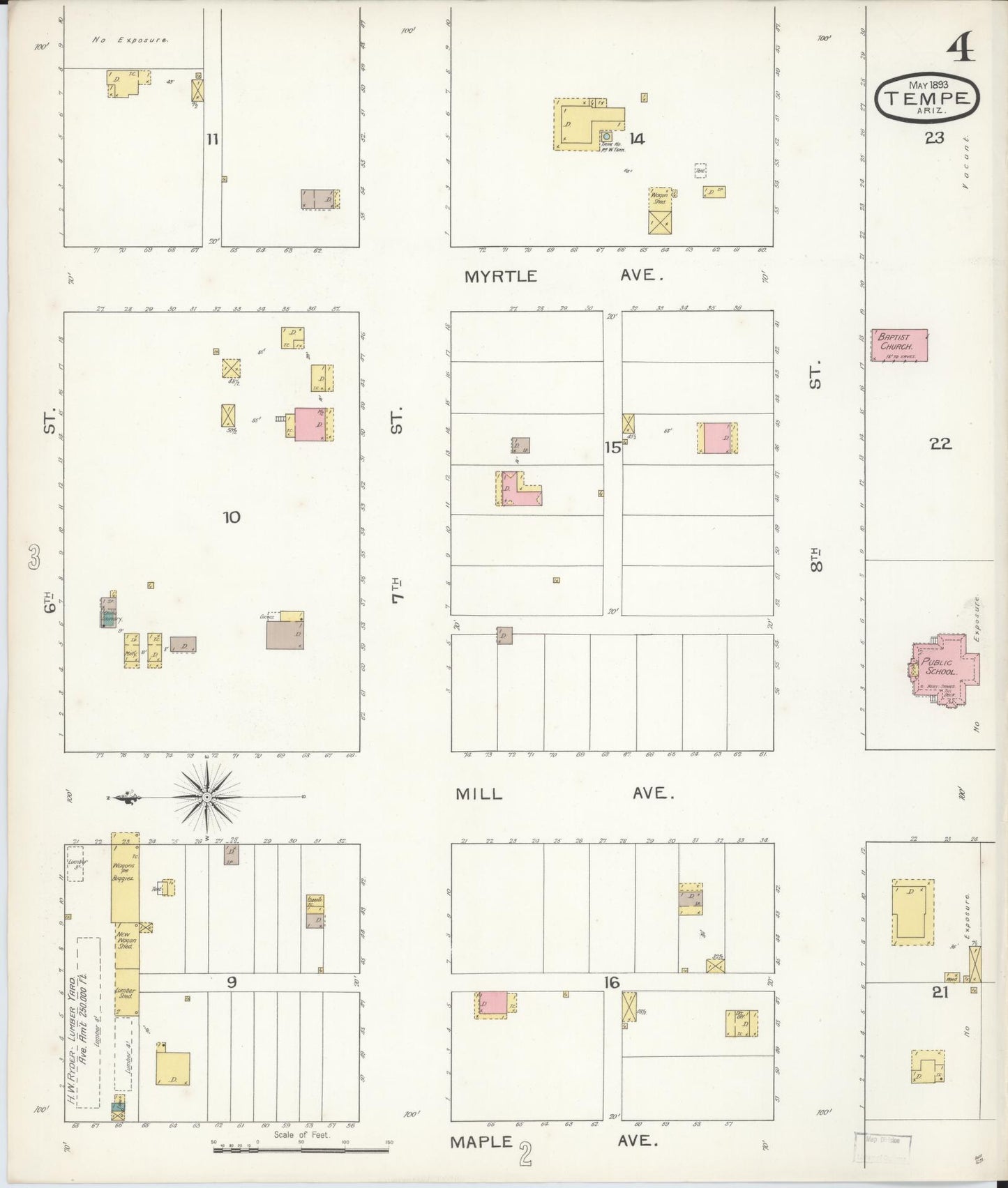 Sanborn Fire Insurance Map from Tempe, Maricopa County, Arizona (1893), Sheet #0004 - Complete Map Set gallery image, historic Sanborn map, vintage wall art, Arizona Arizona