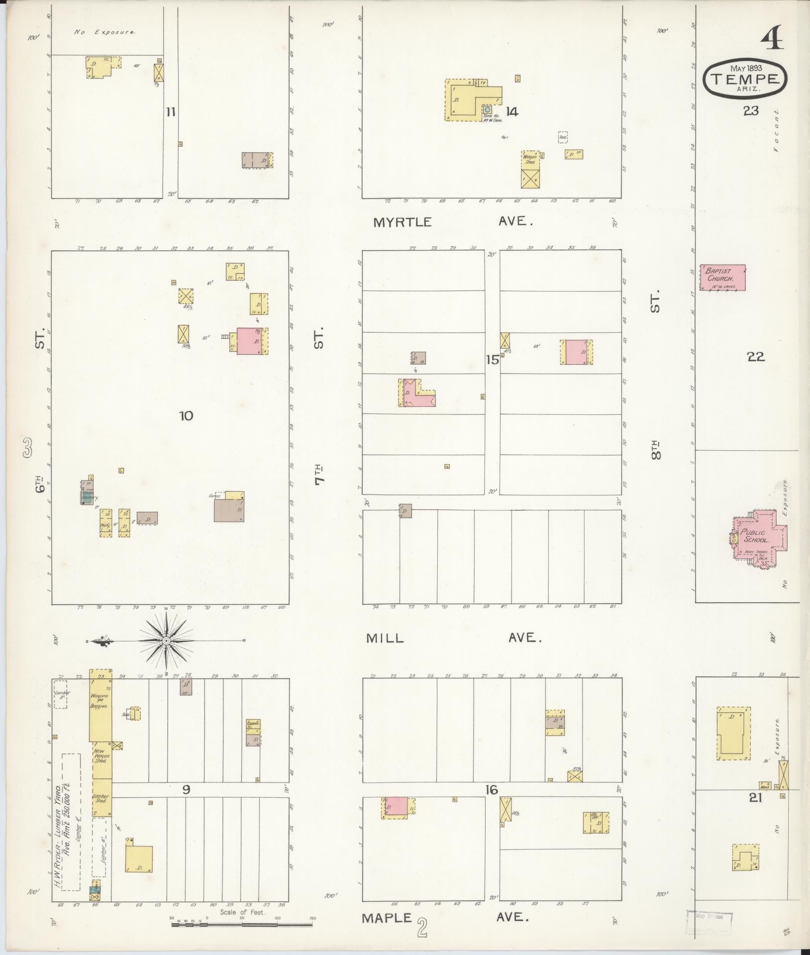 Sanborn Fire Insurance Map from Tempe, Maricopa County, Arizona (1893), Sheet #0004 - Complete Map Set gallery image, historic Sanborn map, vintage wall art, Arizona Arizona