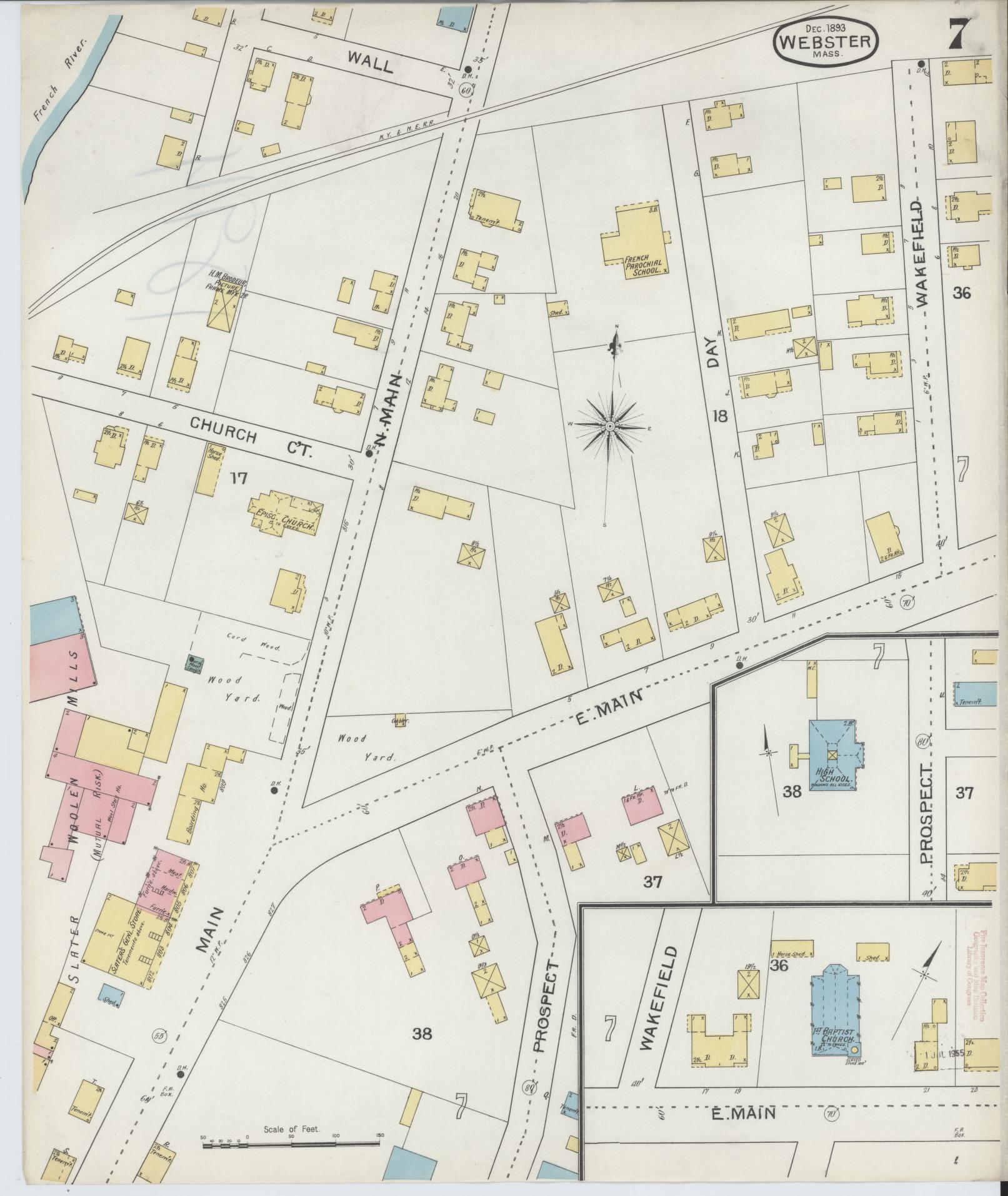 Sanborn Fire Insurance Map from Webster, Worcester County, Massachusetts (1893), Sheet #0007 - Historic Sanborn Fire Insurance Map Print, vintage old map wall art, antique decor, genealogy gift, Massachusetts Massachusetts map