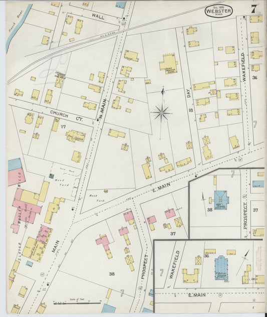 Sanborn Fire Insurance Map from Webster, Worcester County, Massachusetts (1893), Sheet #0007 - Historic Sanborn Fire Insurance Map Print, vintage old map wall art, antique decor, genealogy gift, Massachusetts Massachusetts map