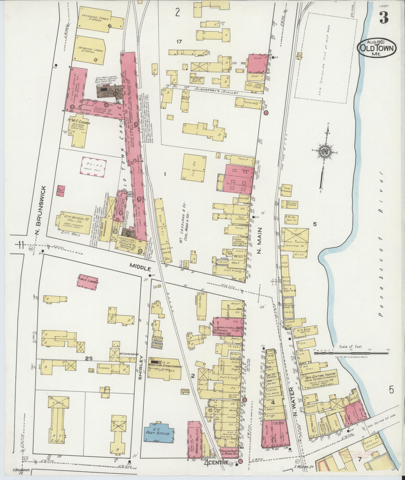 Sanborn Fire Insurance Map from Old Town, Penobscot County, Maine (1921), Sheet #0003 - Complete Map Set gallery image, historic Sanborn map, vintage wall art, Maine Maine