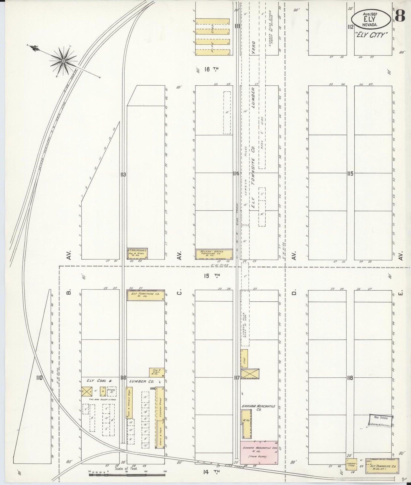 Sanborn Fire Insurance Map from Ely, White Pine County, Nevada (1907), Sheet #0008 - Historic Sanborn Fire Insurance Map Print, vintage old map wall art, antique decor, genealogy gift, Nevada Nevada map