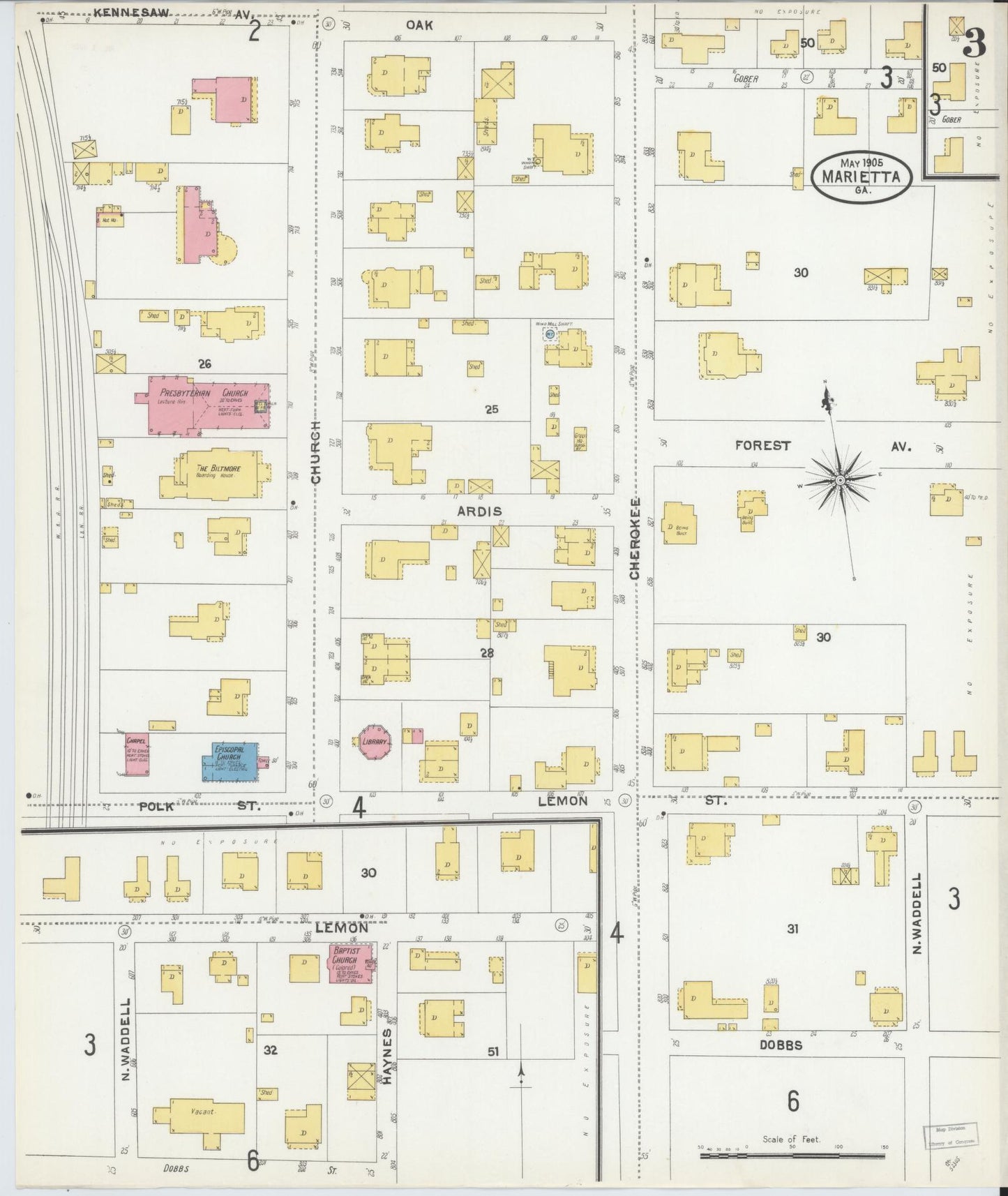 Sanborn Fire Insurance Map from Marietta, Cobb County, Georgia (1905), Sheet #0003 - Historic Sanborn Fire Insurance Map Print, vintage old map wall art, antique decor, genealogy gift, Georgia Georgia map