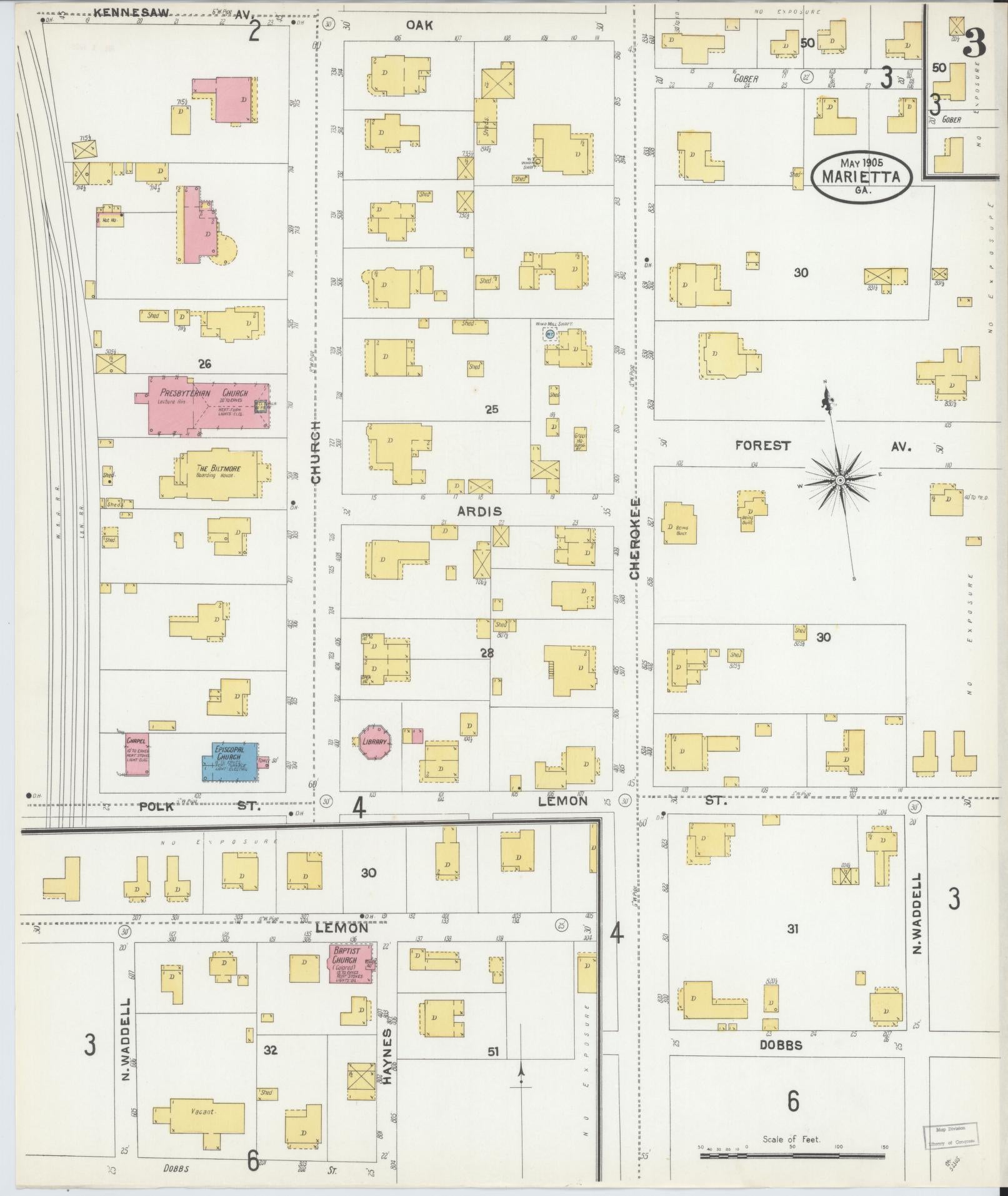 Sanborn Fire Insurance Map from Marietta, Cobb County, Georgia (1905), Sheet #0003 - Historic Sanborn Fire Insurance Map Print, vintage old map wall art, antique decor, genealogy gift, Georgia Georgia map