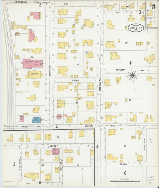 Sanborn Fire Insurance Map from Marietta, Cobb County, Georgia (1905), Sheet #0003 - Historic Sanborn Fire Insurance Map Print, vintage old map wall art, antique decor, genealogy gift, Georgia Georgia map