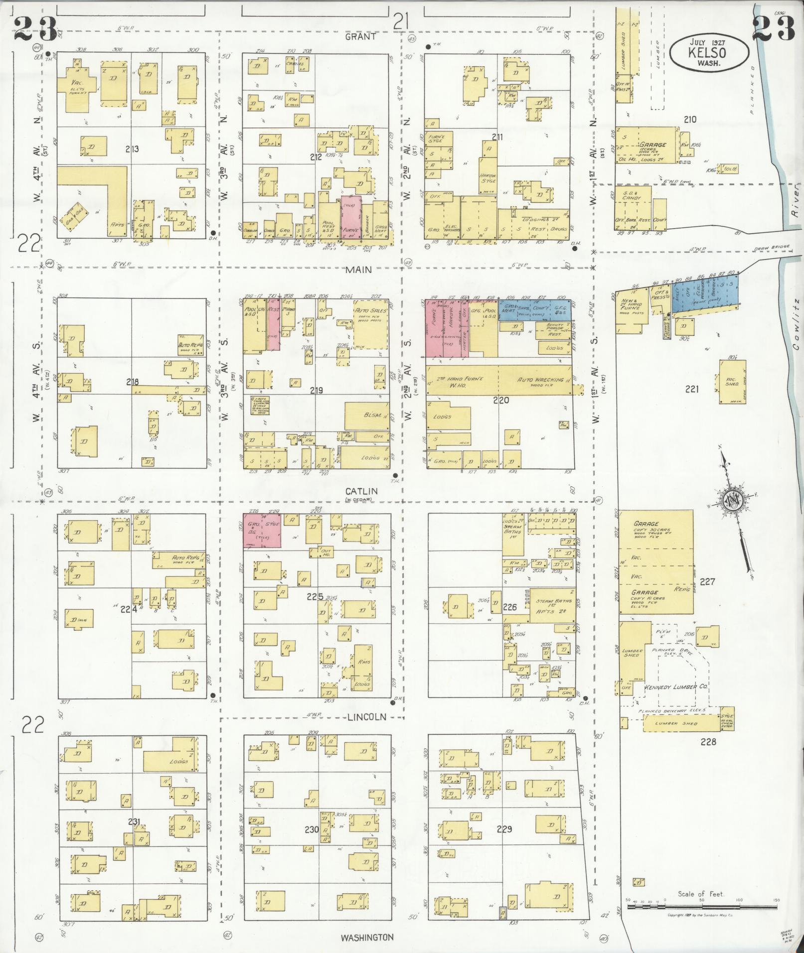 Sanborn Fire Insurance Map from Kelso, Cowlitz County, Washington (1927), Sheet #0023 - Historic Sanborn Fire Insurance Map Print, vintage old map wall art, antique decor, genealogy gift, Washington Washington map