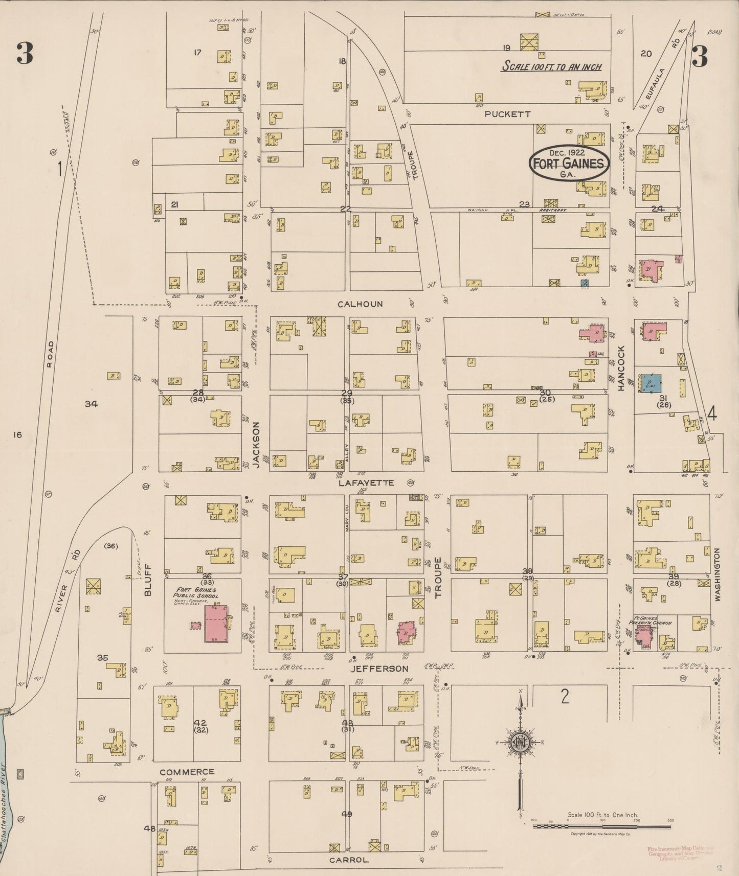 Sanborn Fire Insurance Map from Fort Gaines, Clay County, Georgia (1922), Sheet #0003 - Historic Sanborn Fire Insurance Map Print, vintage old map wall art, antique decor, genealogy gift, Georgia Georgia map