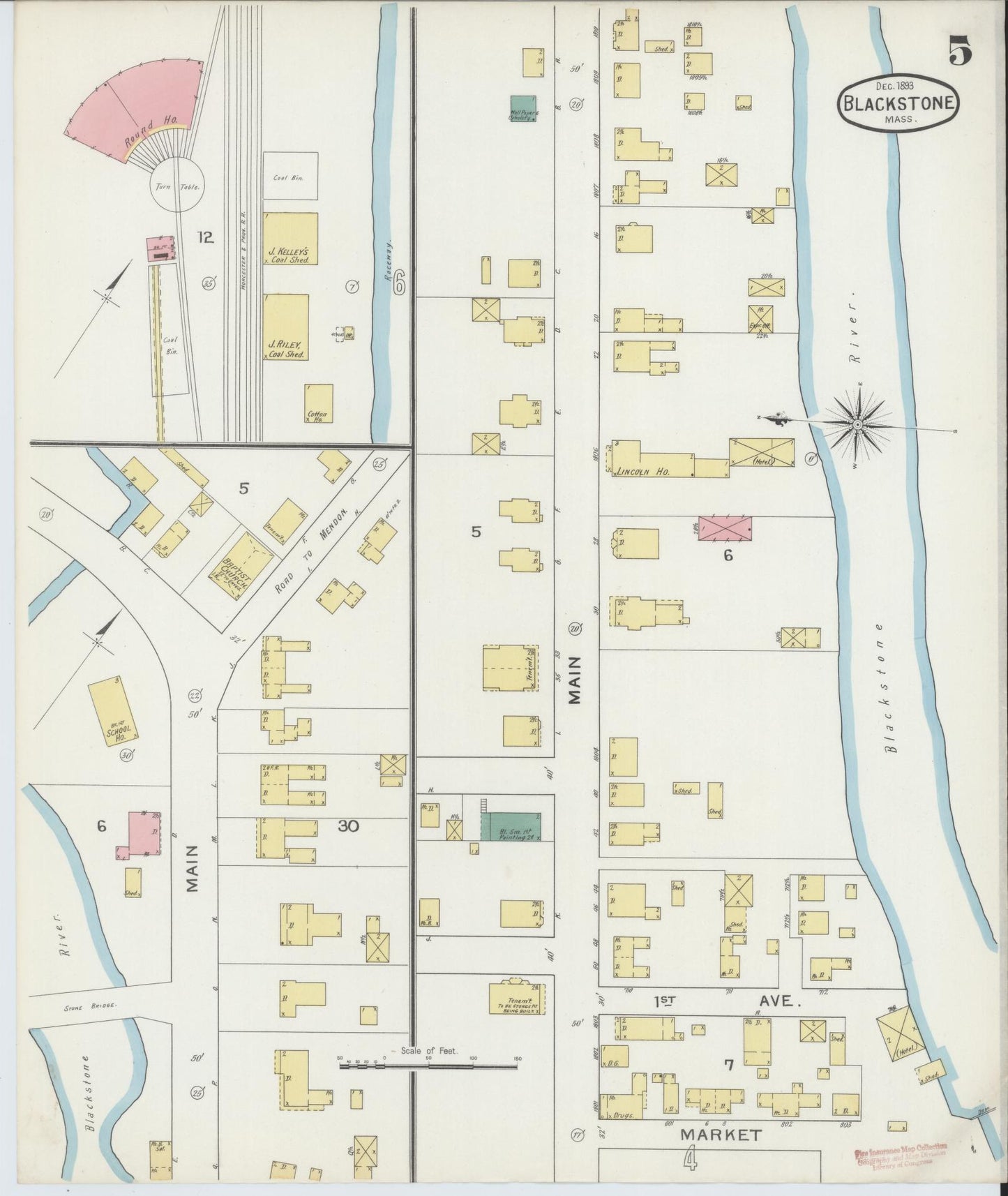 Sanborn Fire Insurance Map from Blackstone, Worcester County, Massachusetts (1893), Sheet #0005 - Complete Map Set gallery image, historic Sanborn map, vintage wall art, Massachusetts Massachusetts