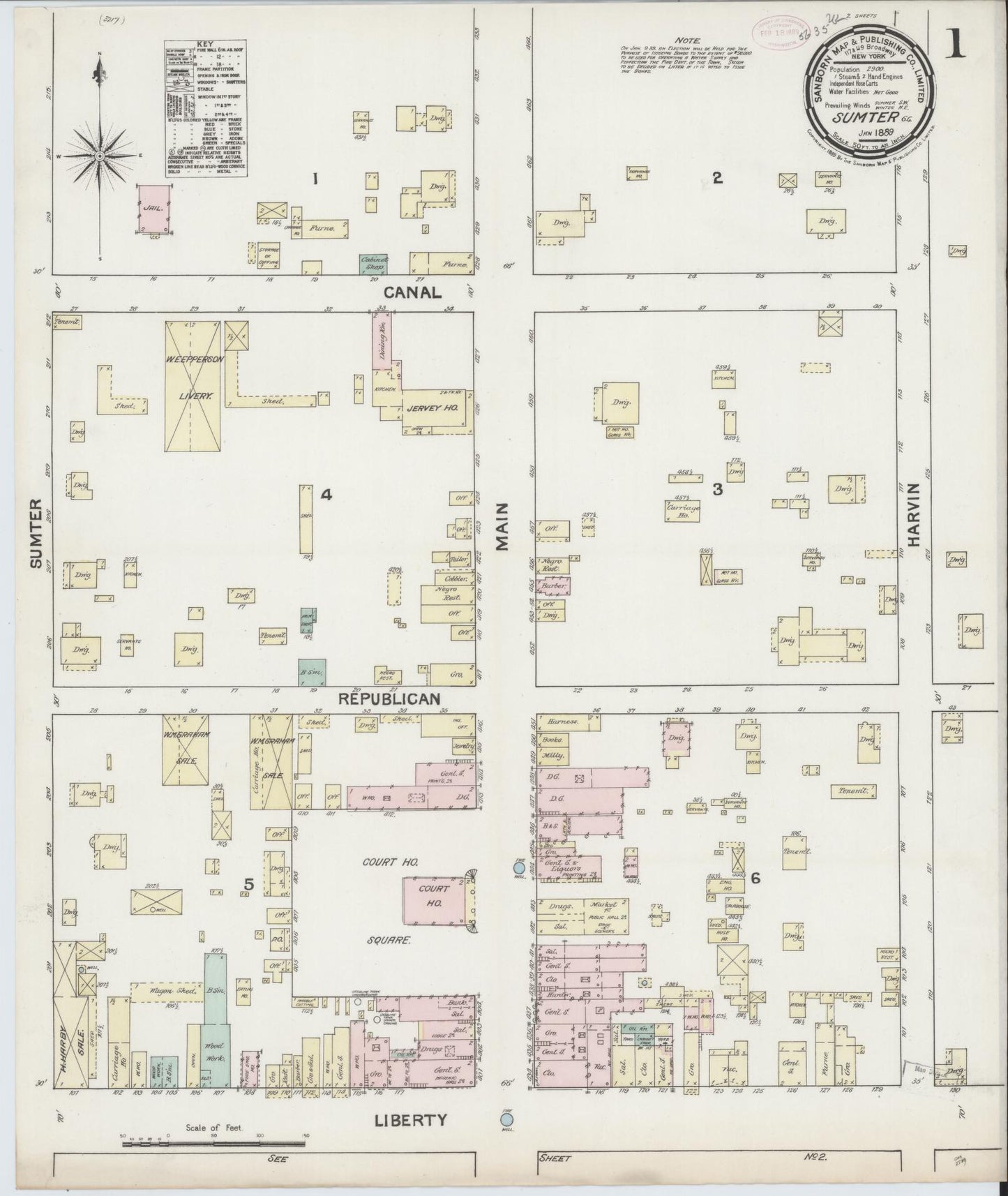 Sanborn Fire Insurance Map from Sumter, Sumter County, South Carolina (1889), Sheet #0001 - Complete Map Set gallery image, historic Sanborn map, vintage wall art, South Carolina South Carolina