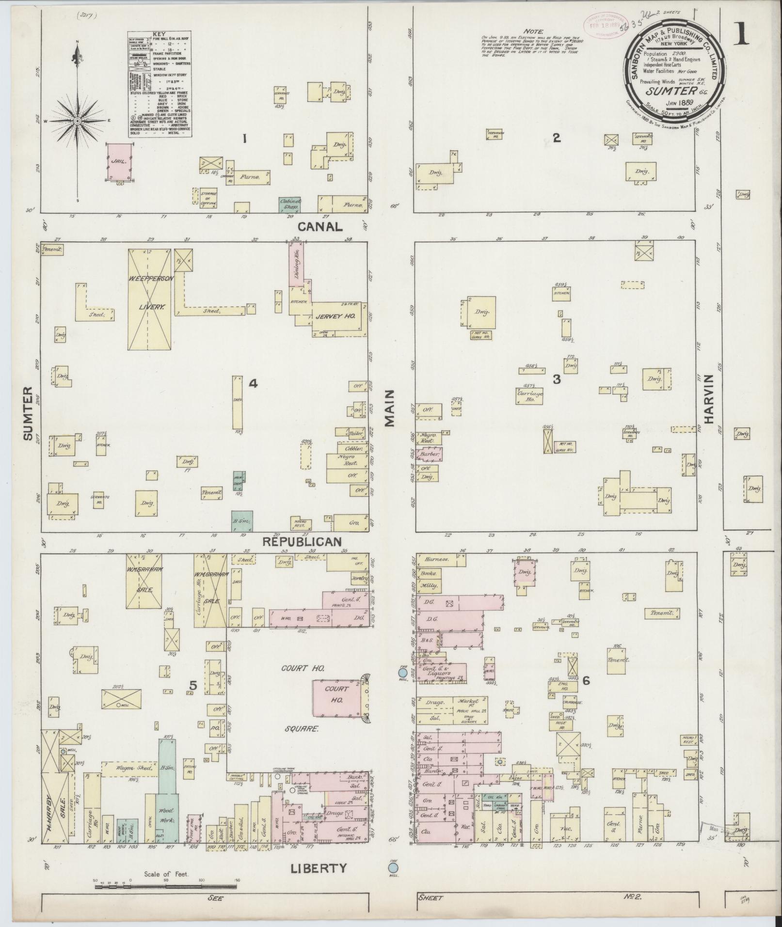 Sanborn Fire Insurance Map from Sumter, Sumter County, South Carolina (1889), Sheet #0001 - Complete Map Set gallery image, historic Sanborn map, vintage wall art, South Carolina South Carolina