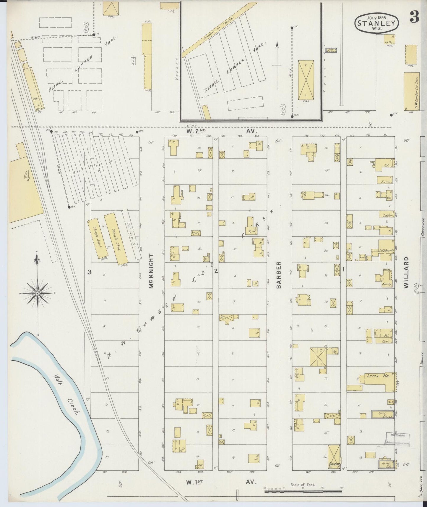 Sanborn Fire Insurance Map from Stanley, Chippewa County, Wisconsin (1895), Sheet #0003 - Complete Map Set gallery image, historic Sanborn map, vintage wall art, Wisconsin Wisconsin