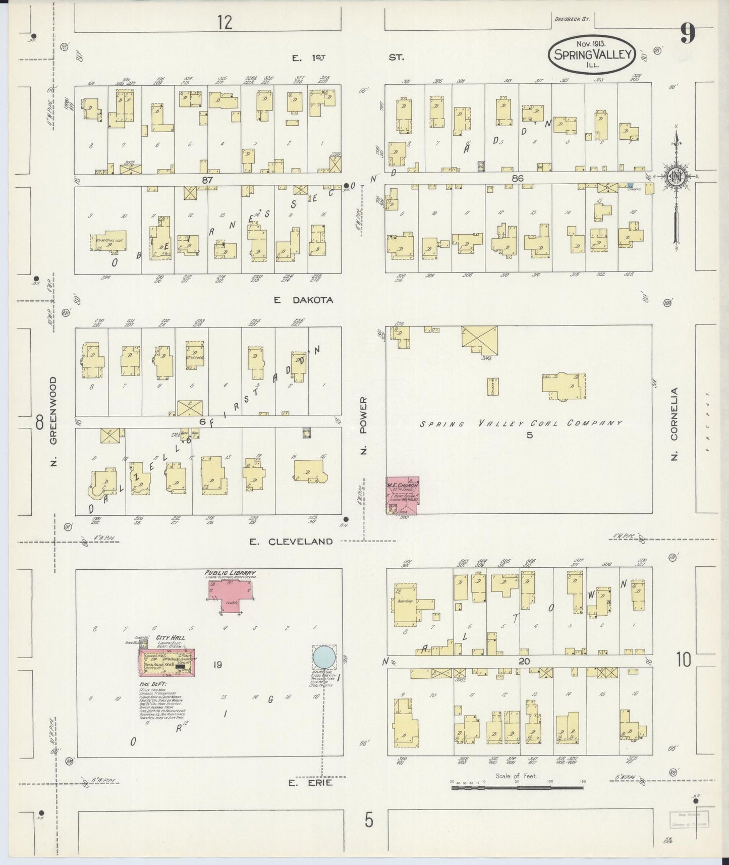 Sanborn Fire Insurance Map from Spring Valley, Bureau County, Illinois (1913), Sheet #0009 - Historic Sanborn Fire Insurance Map Print, vintage old map wall art, antique decor, genealogy gift, Illinois Illinois map
