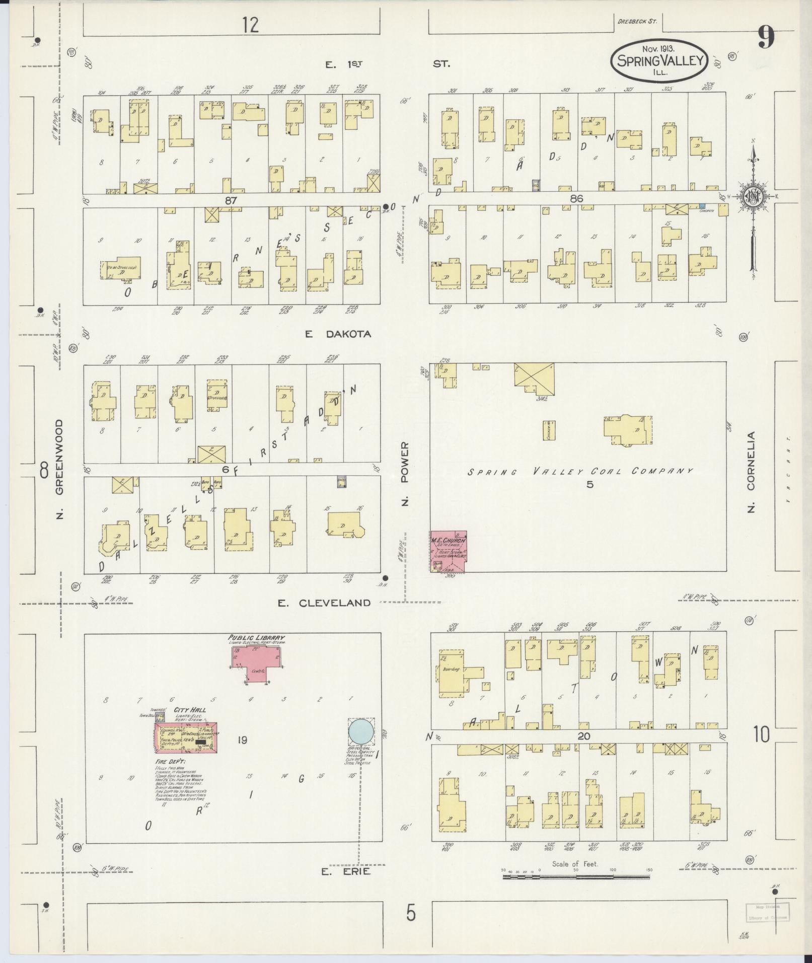 Sanborn Fire Insurance Map from Spring Valley, Bureau County, Illinois (1913), Sheet #0009 - Historic Sanborn Fire Insurance Map Print, vintage old map wall art, antique decor, genealogy gift, Illinois Illinois map