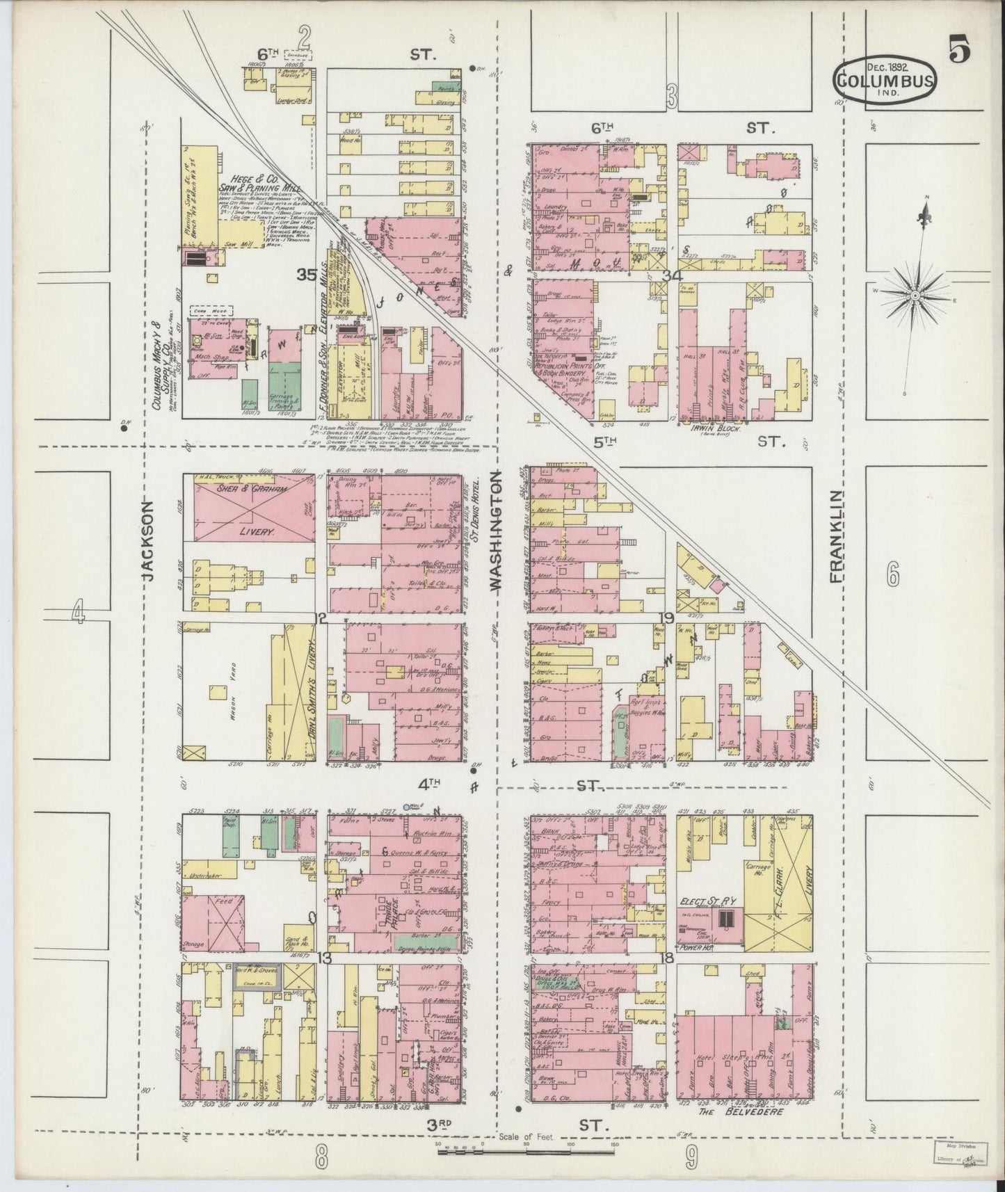 Sanborn Fire Insurance Map from Columbus, Bartholomew County, Indiana (1892), Sheet #0005 - Historic Sanborn Fire Insurance Map Print, vintage old map wall art, antique decor, genealogy gift, Indiana Indiana map