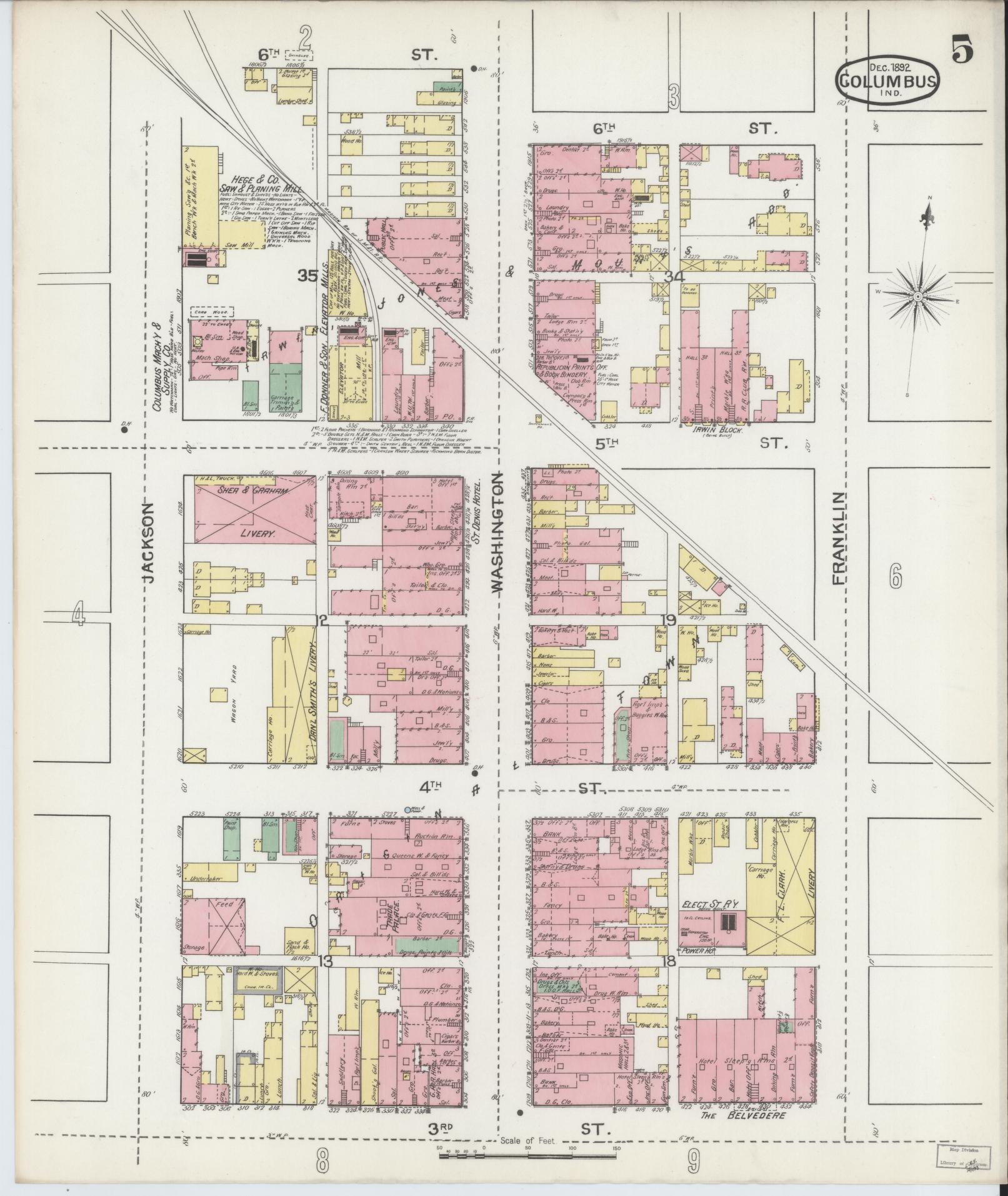 Sanborn Fire Insurance Map from Columbus, Bartholomew County, Indiana (1892), Sheet #0005 - Historic Sanborn Fire Insurance Map Print, vintage old map wall art, antique decor, genealogy gift, Indiana Indiana map