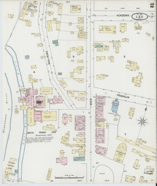 Sanborn Fire Insurance Map from Lee, Berkshire County, Massachusetts (1889), Sheet #0002 - Historic Sanborn Fire Insurance Map Print, vintage old map wall art, antique decor, genealogy gift, Massachusetts Massachusetts map