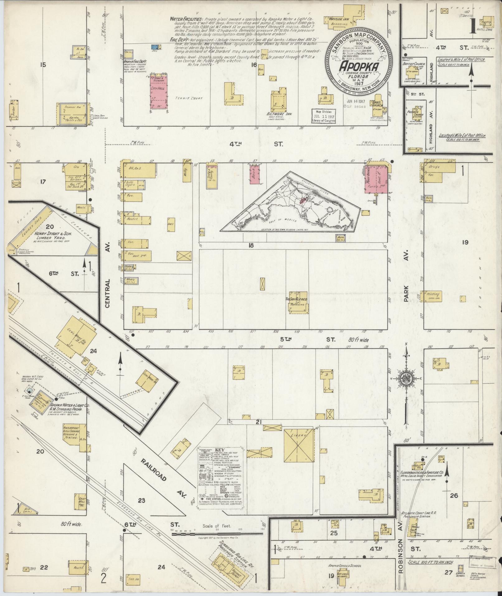 Sanborn Fire Insurance Map from Apopka, Orange County, Florida (1917), Sheet #0001 - Historic Sanborn Fire Insurance Map Print, vintage old map wall art, antique decor, genealogy gift, Florida Florida map
