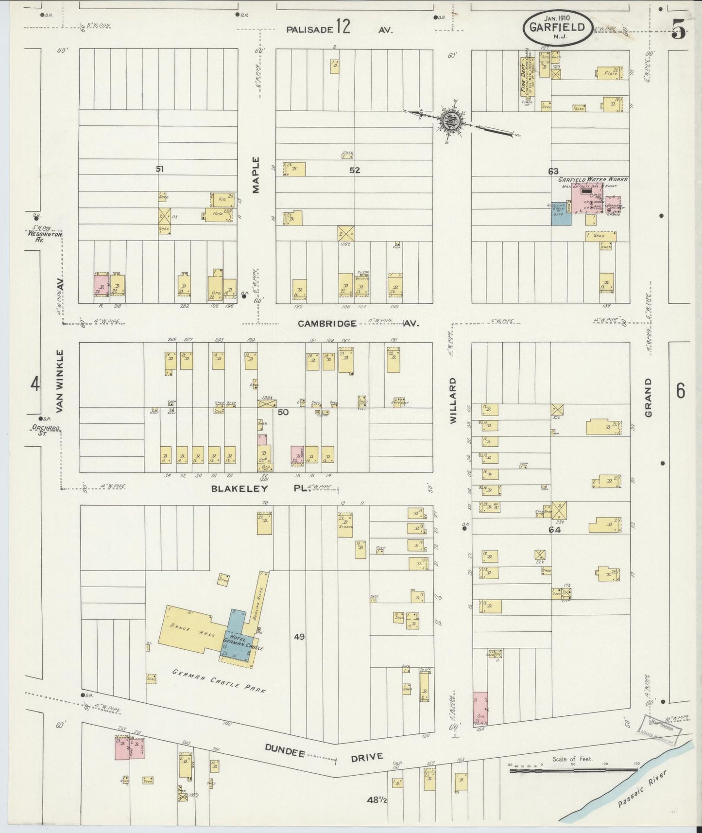 Sanborn Fire Insurance Map from Garfield, Bergen County, New Jersey (1910), Sheet #0005 - Complete Map Set gallery image, historic Sanborn map, vintage wall art, New Jersey New Jersey