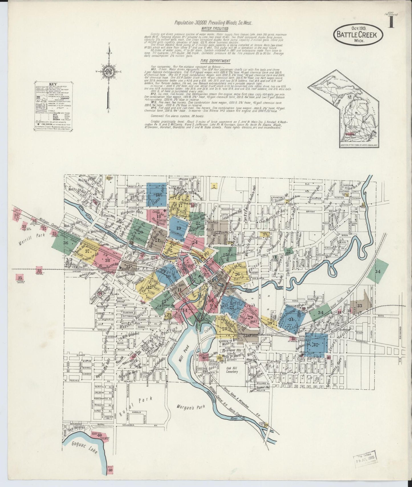 Sanborn Fire Insurance Map from Battle Creek, Calhoun County, Michigan (1913), Sheet #0001 - Complete Map Set gallery image, historic Sanborn map, vintage wall art, Michigan Michigan
